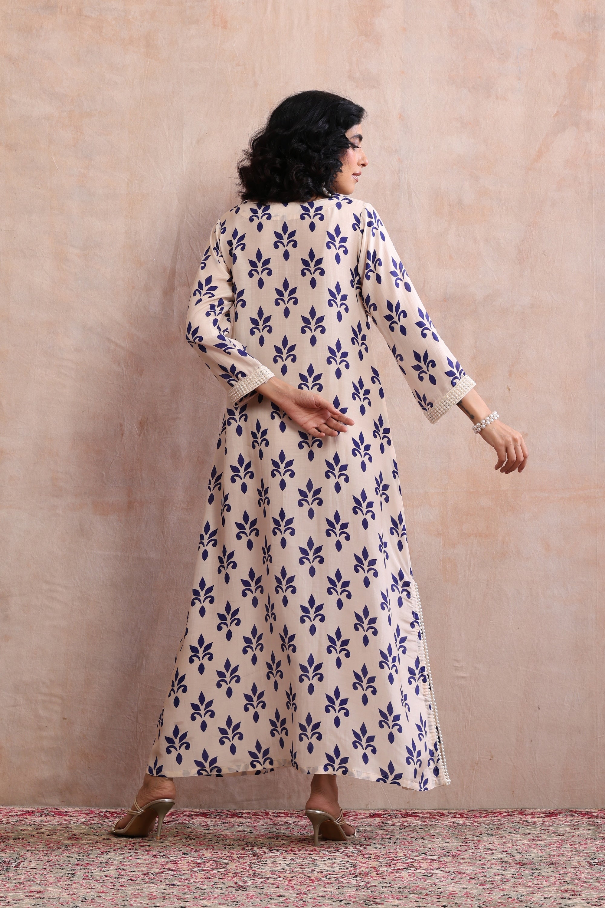 Mira Beige and Blue Floral Printed Kaftan