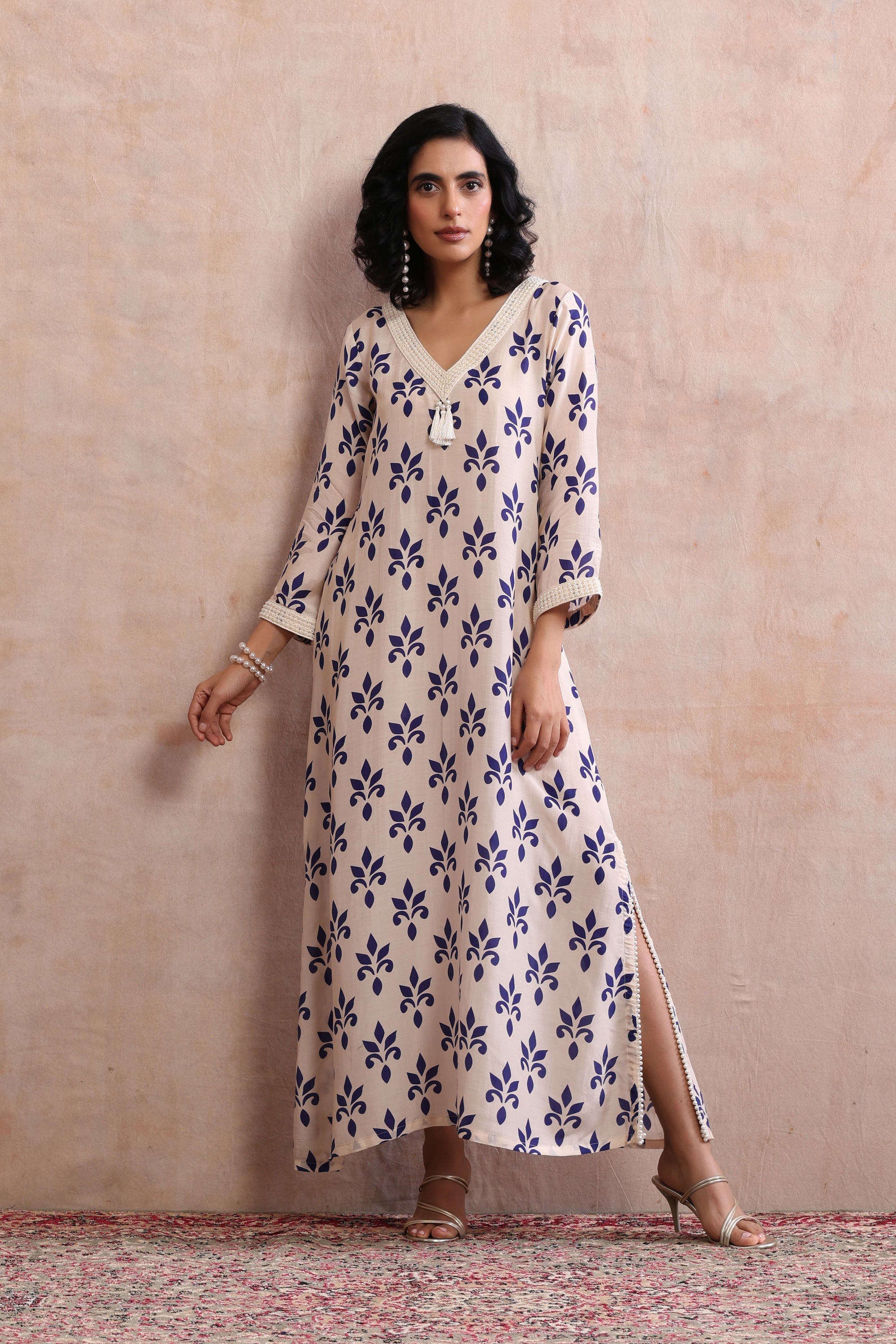 Mira Beige and Blue Floral Printed Kaftan