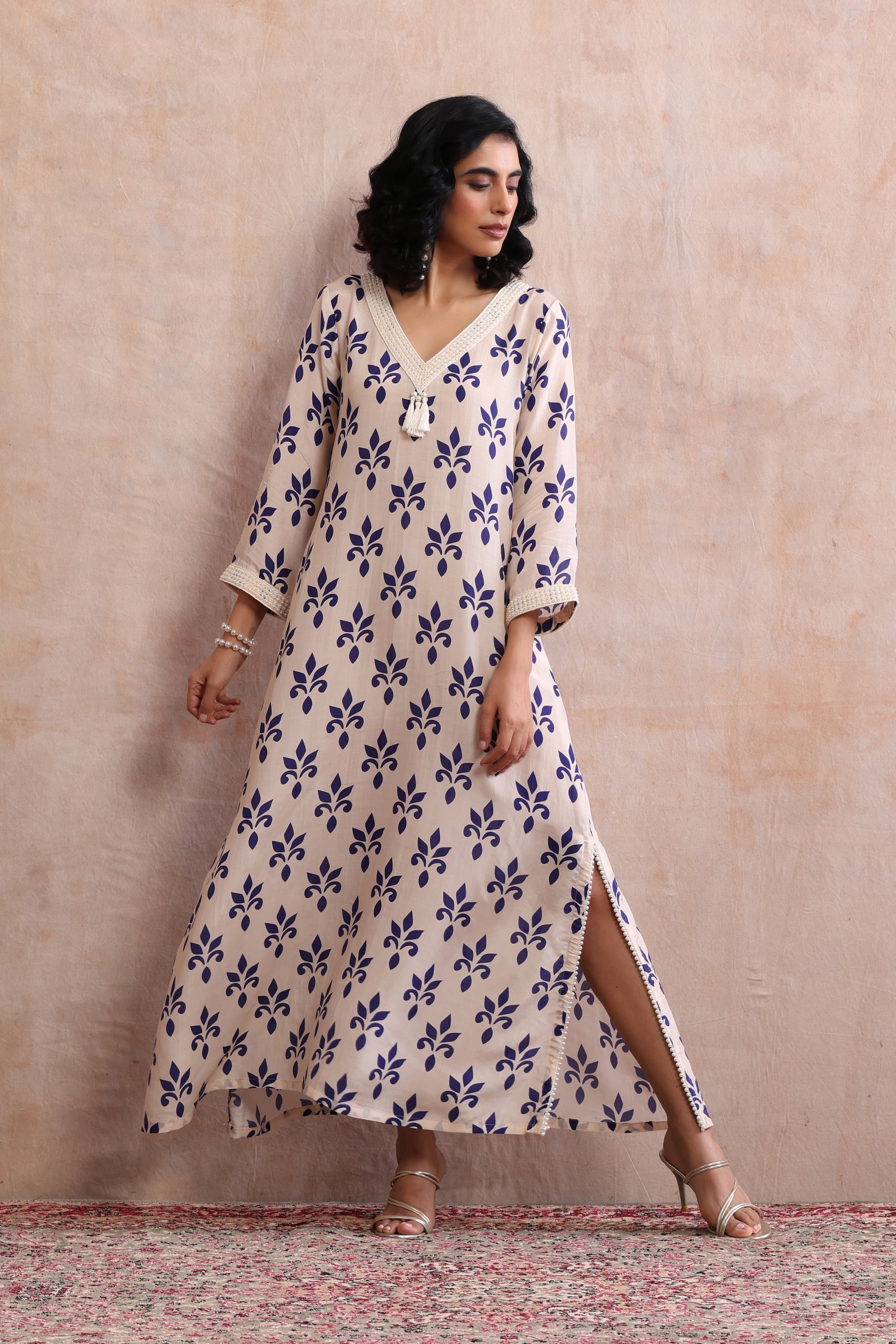 Mira Beige and Blue Floral Printed Kaftan
