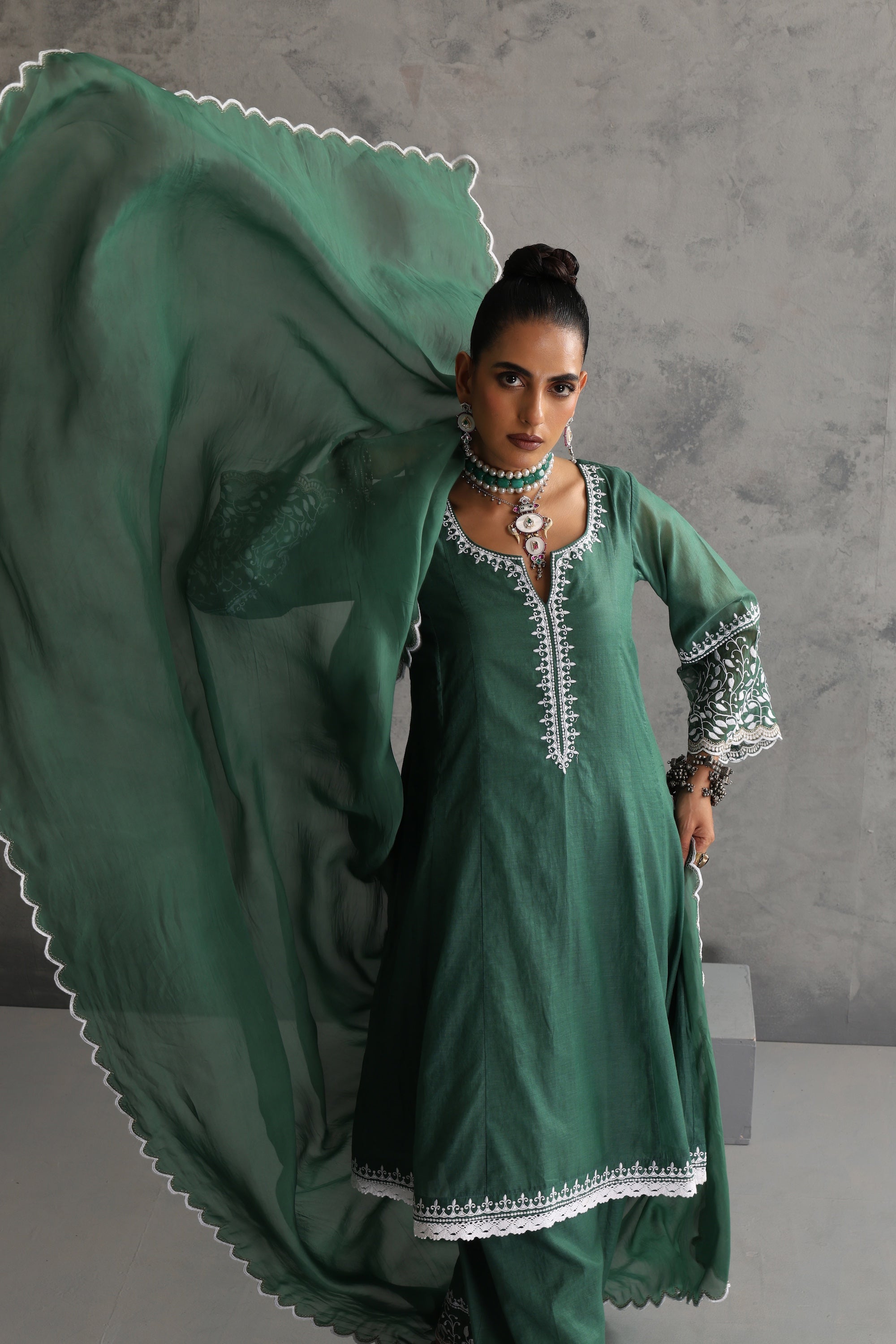 Indali Deep Green Embroidered Kurta Set with Dupatta