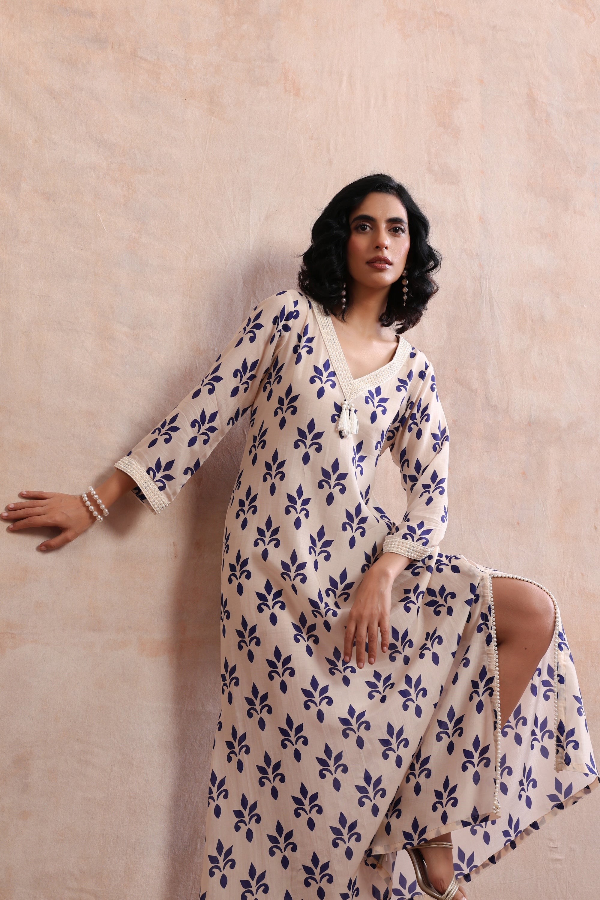 Mira Beige and Blue Floral Printed Kaftan