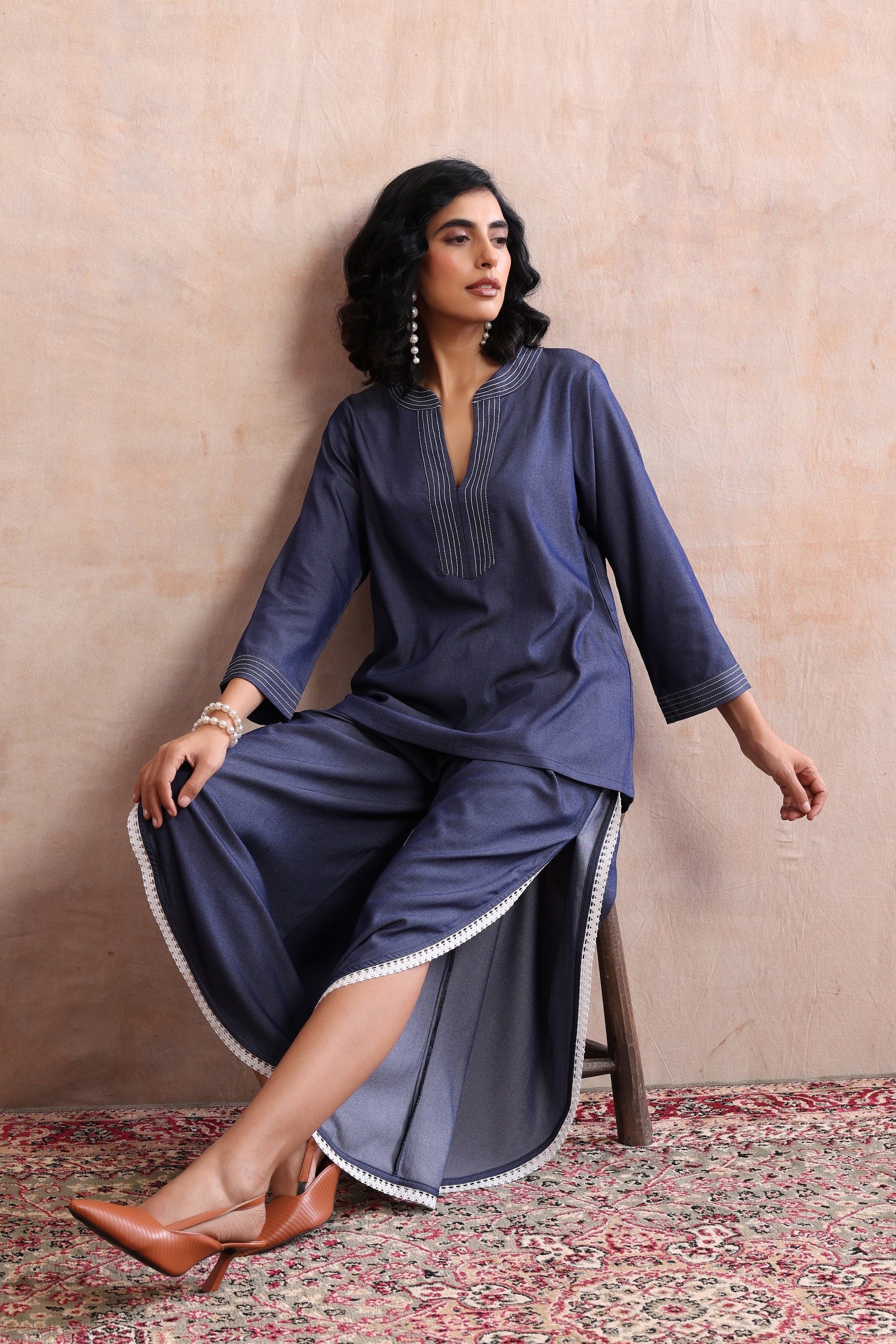 Seren Blue Denim Embroidered Co-ord Set