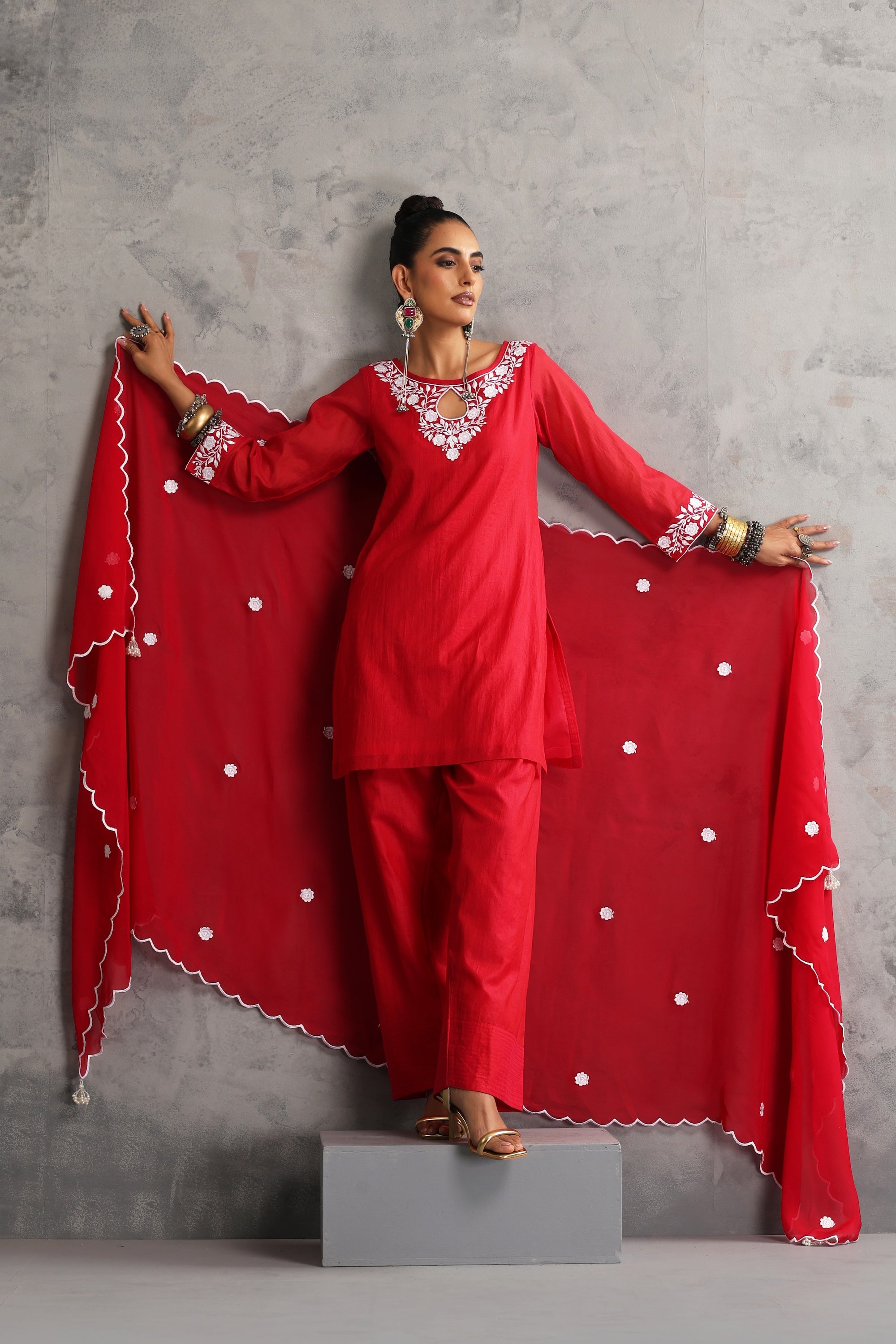 Misri Red Embroidered Kurta Set with Dupatta
