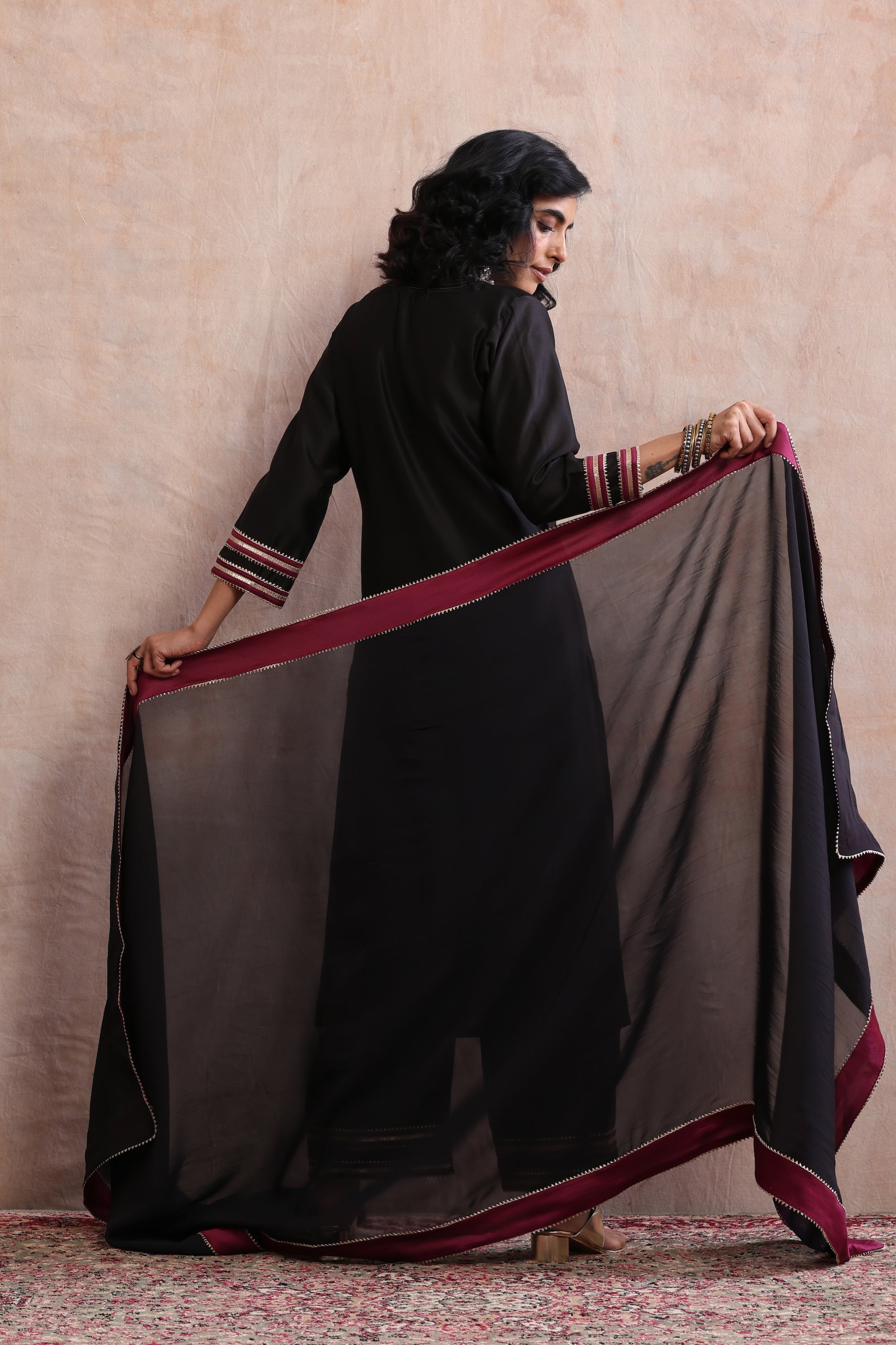 Aloka Black and Wine Kurta Set with Dupatta