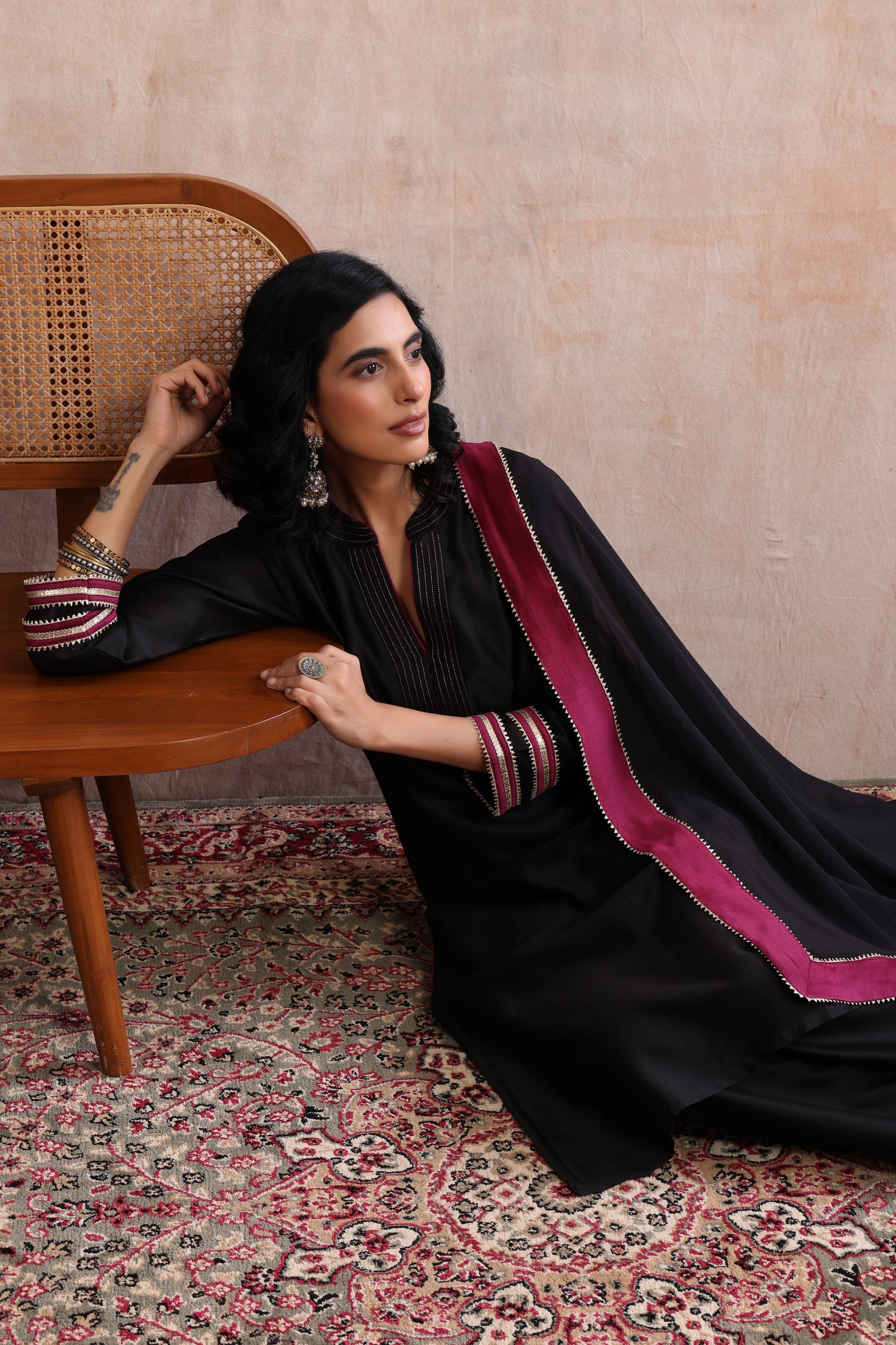Aloka Black and Wine Kurta Set with Dupatta