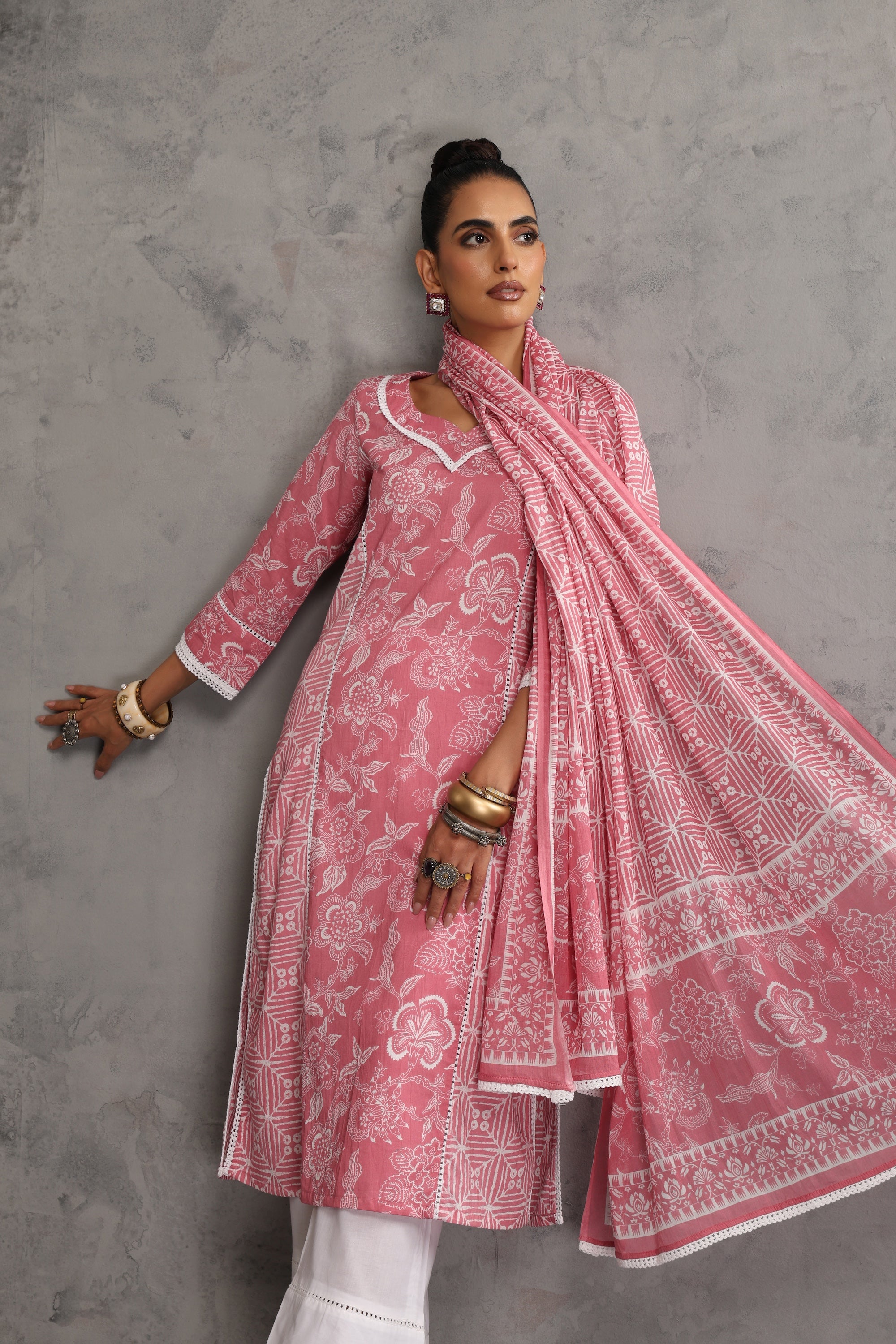 Siddra Pink Floral Kurta Set with Dupatta