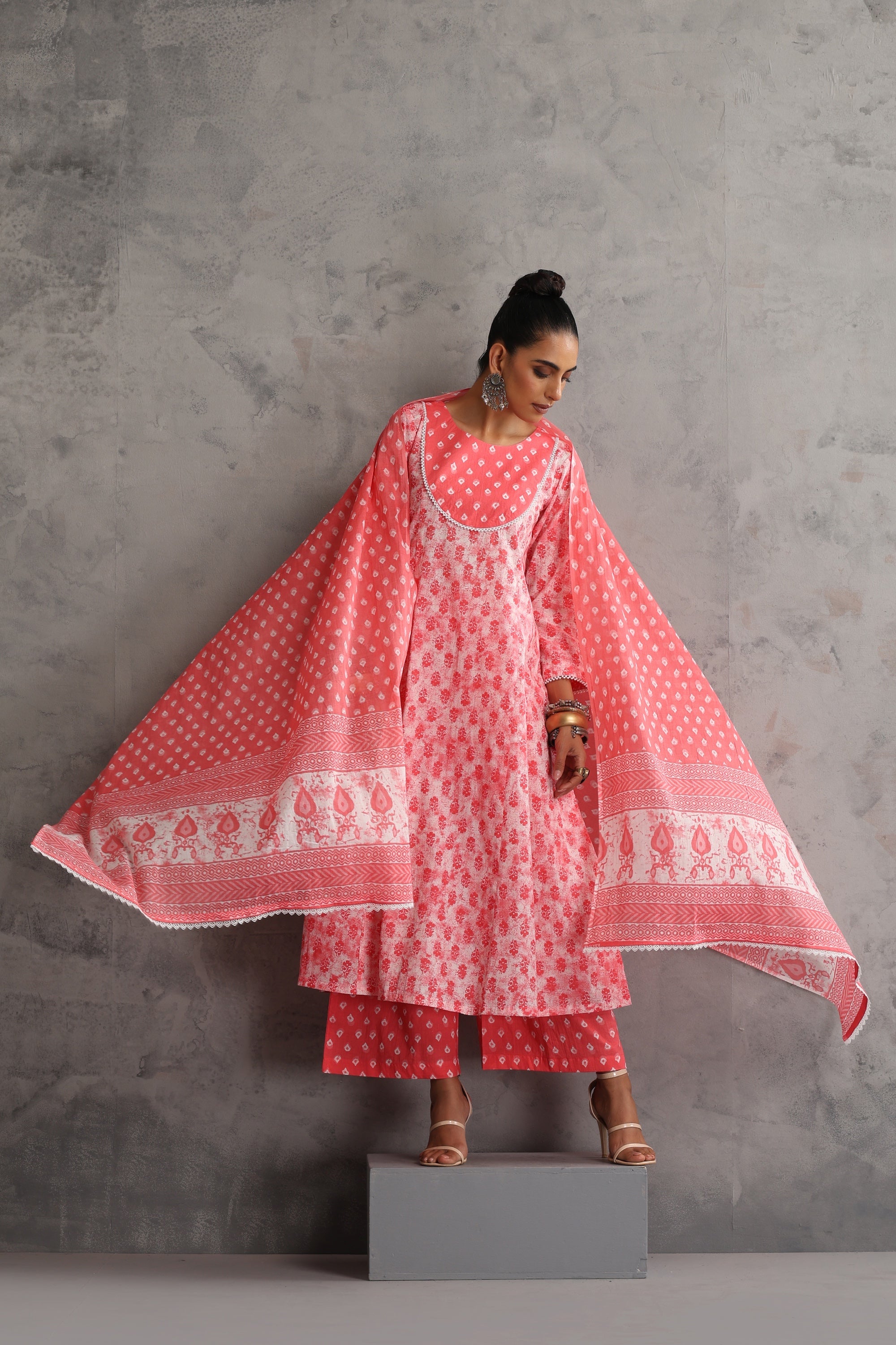 Soha Peach Bandhej Anarkali Set with Dupatta