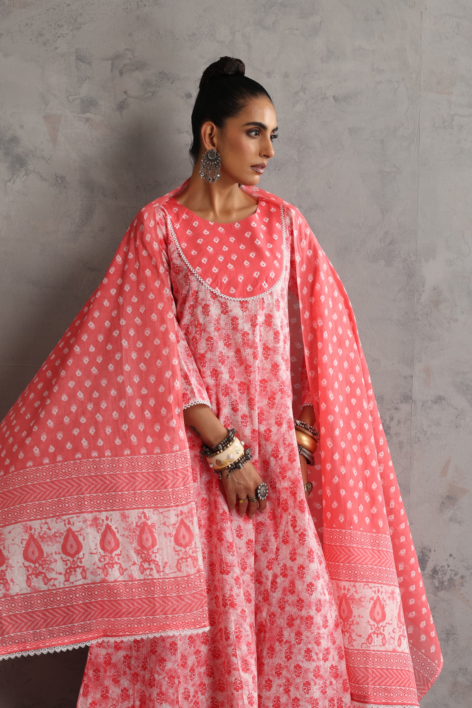 Soha Peach Bandhej Anarkali Set with Dupatta