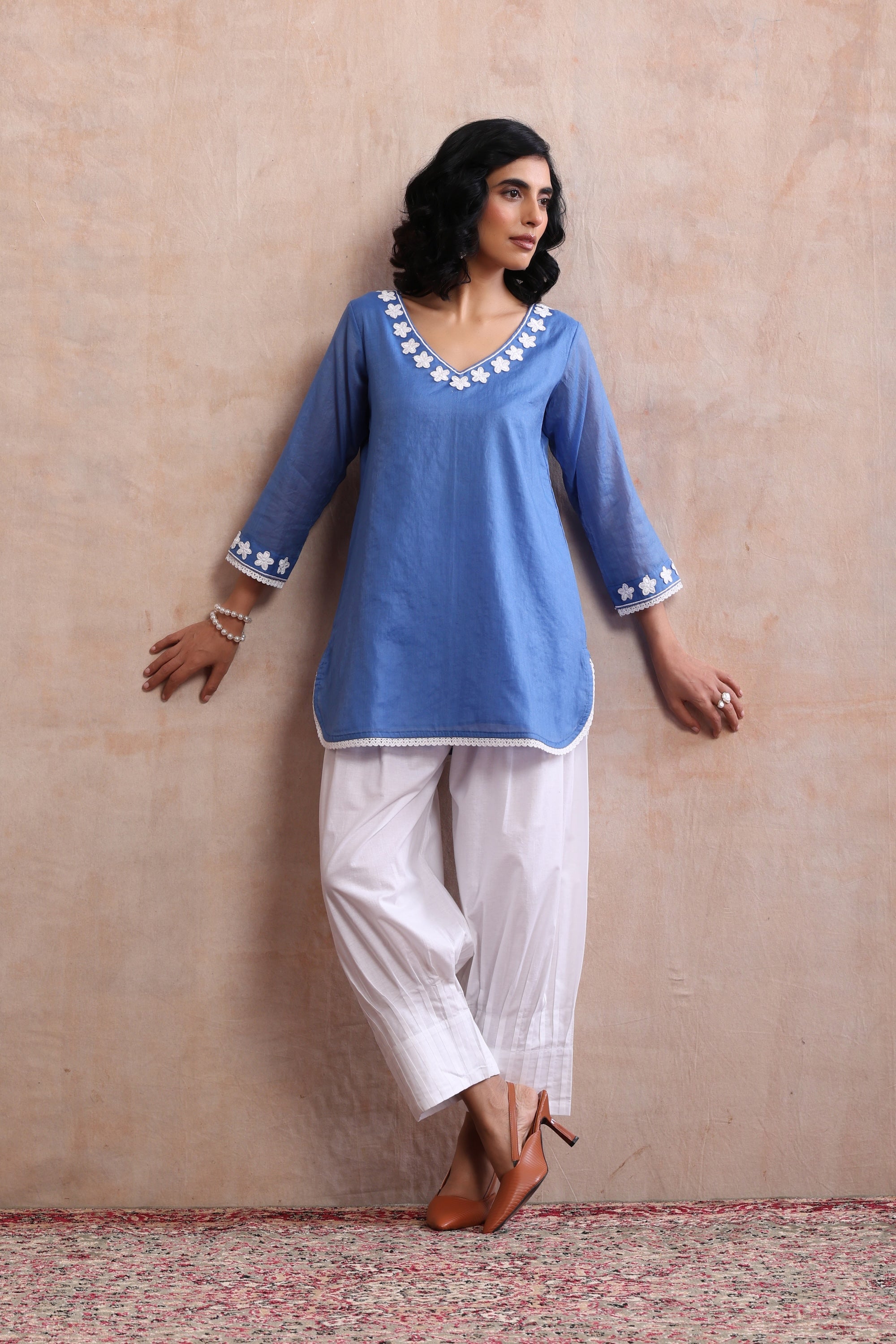 Azure Blue Embroidered Short Kurta Set