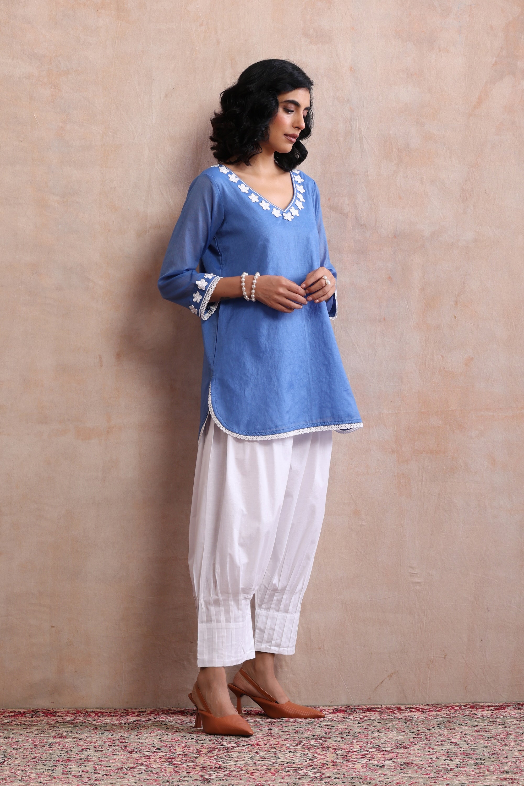 Azure Blue Embroidered Short Kurta Set