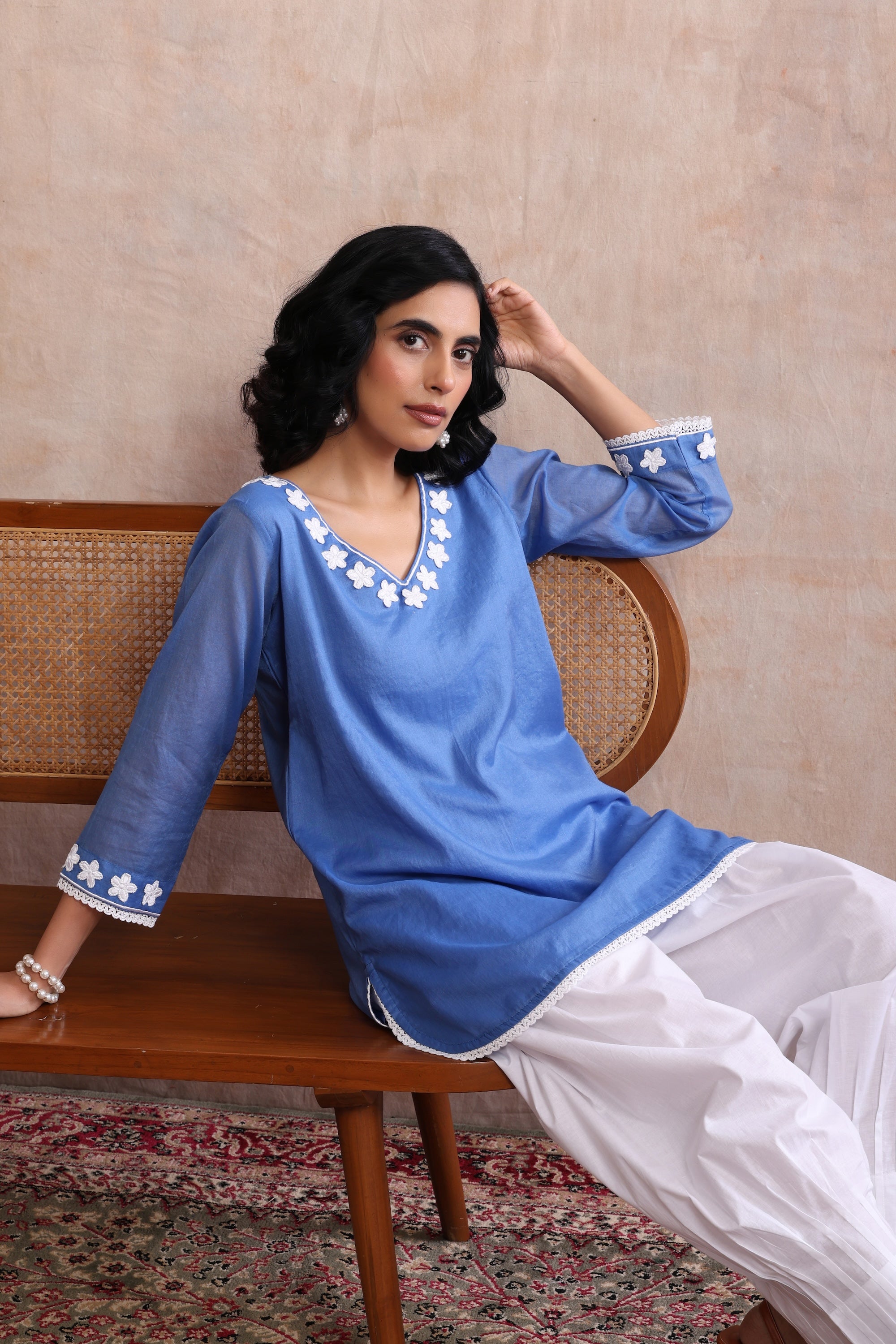 Azure Blue Embroidered Short Kurta Set