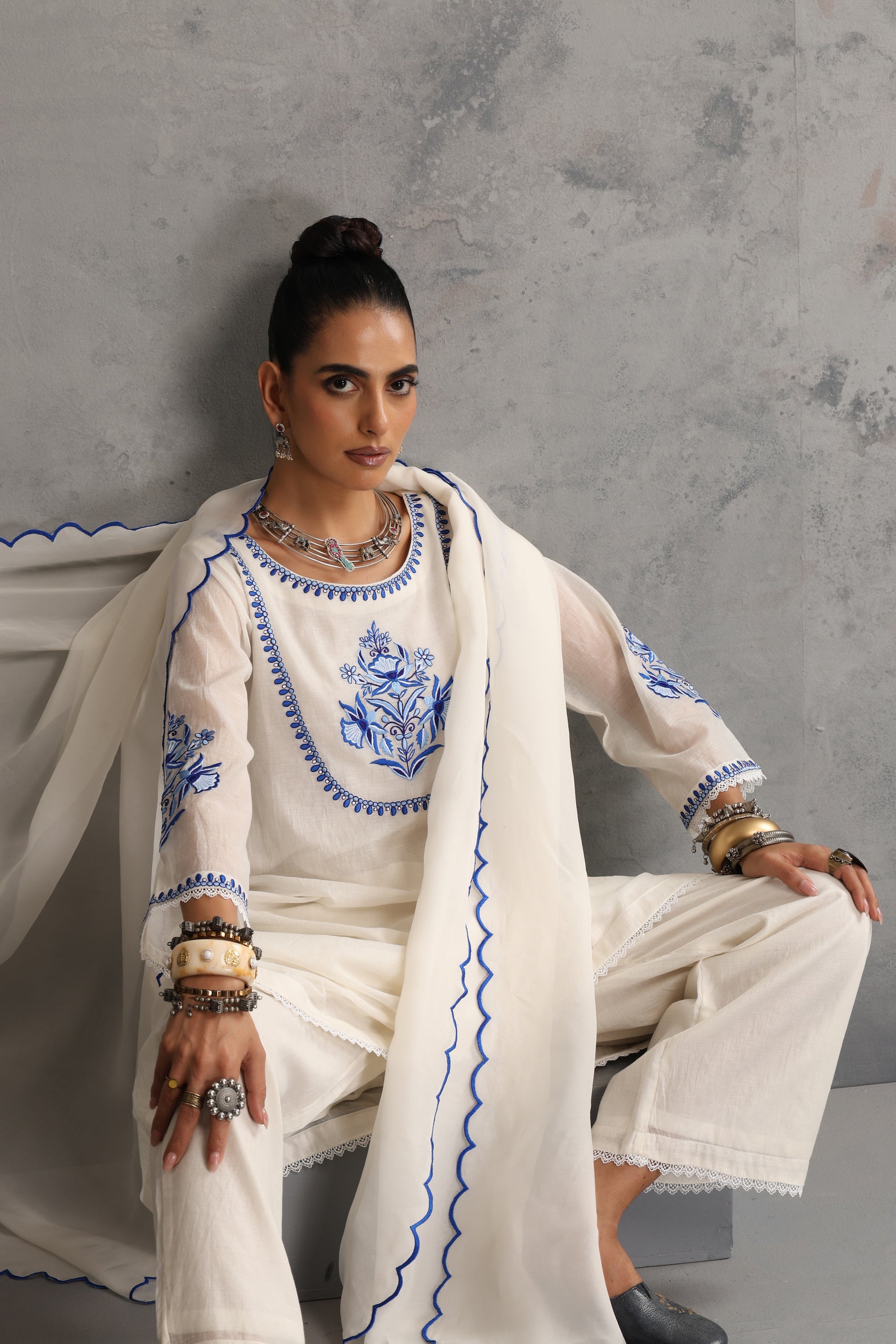 Navira Off White Embroidered Kurta Set with Dupatta