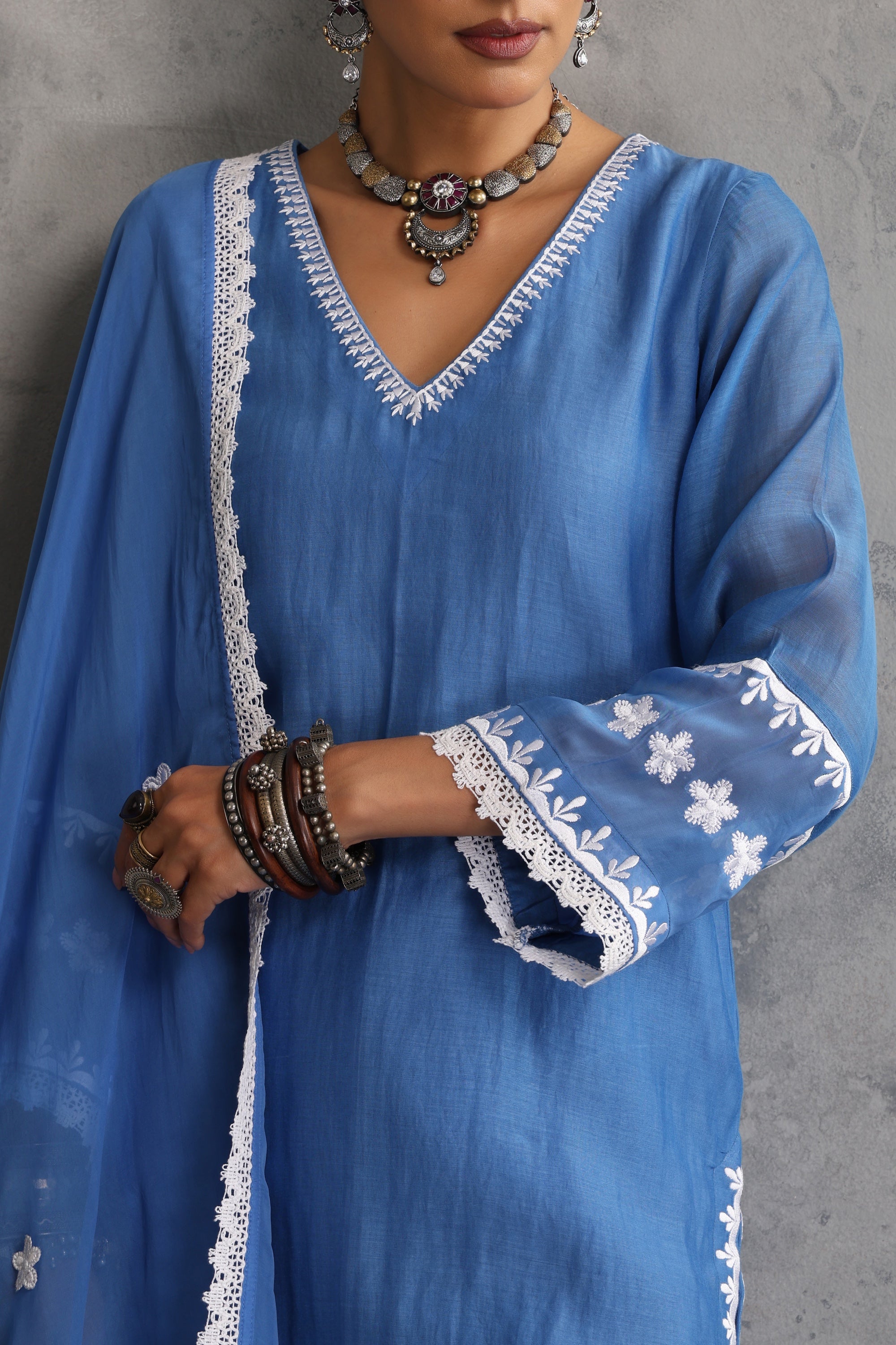 Becca Azure Blue Embroidered Kurta Set with Dupatta