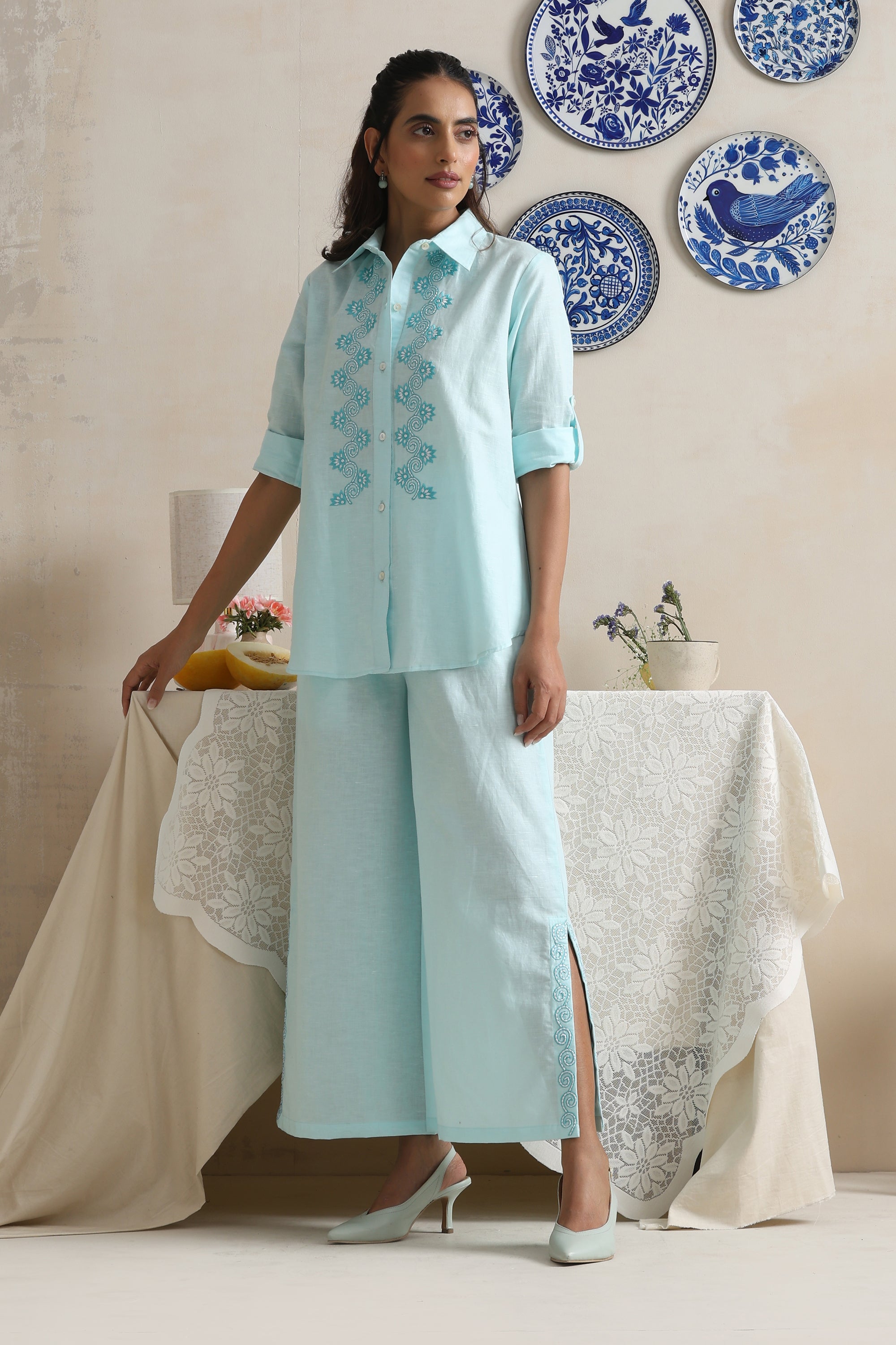 Ivory Blue Embroidered Co-ord Set