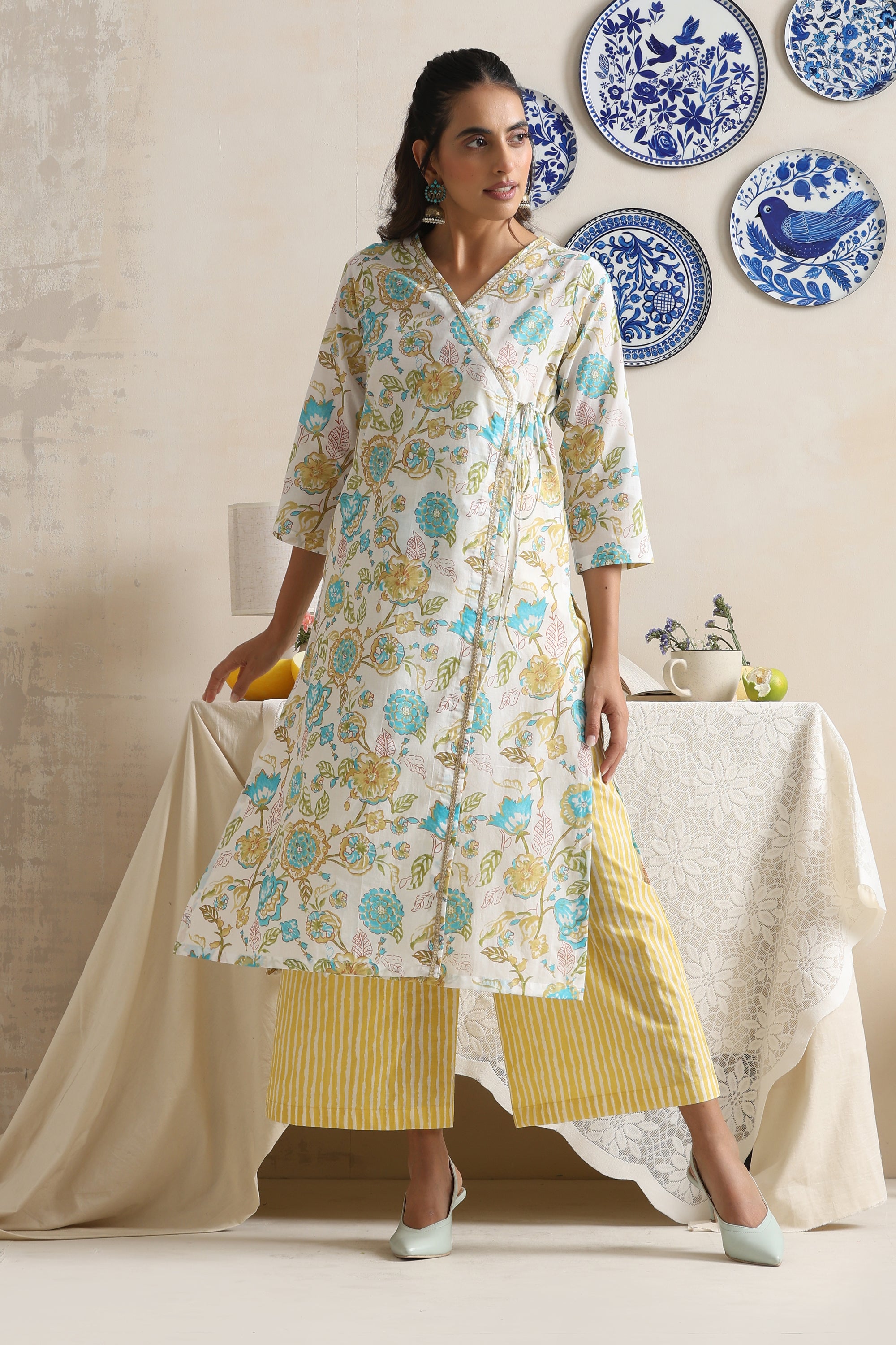 Arden White Floral Angrakha Kurta Set with Dupatta