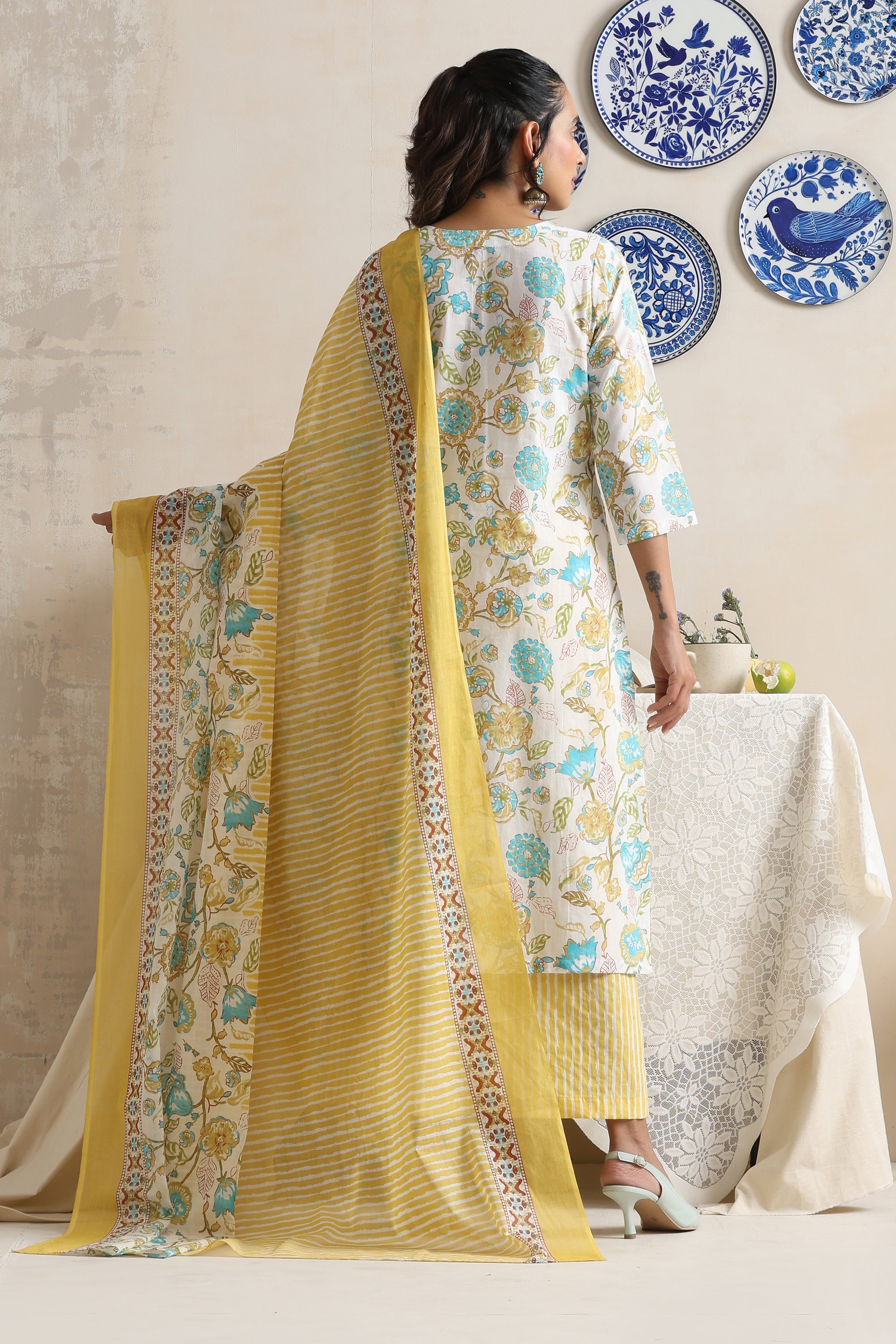 Arden White Floral Angrakha Kurta Set with Dupatta