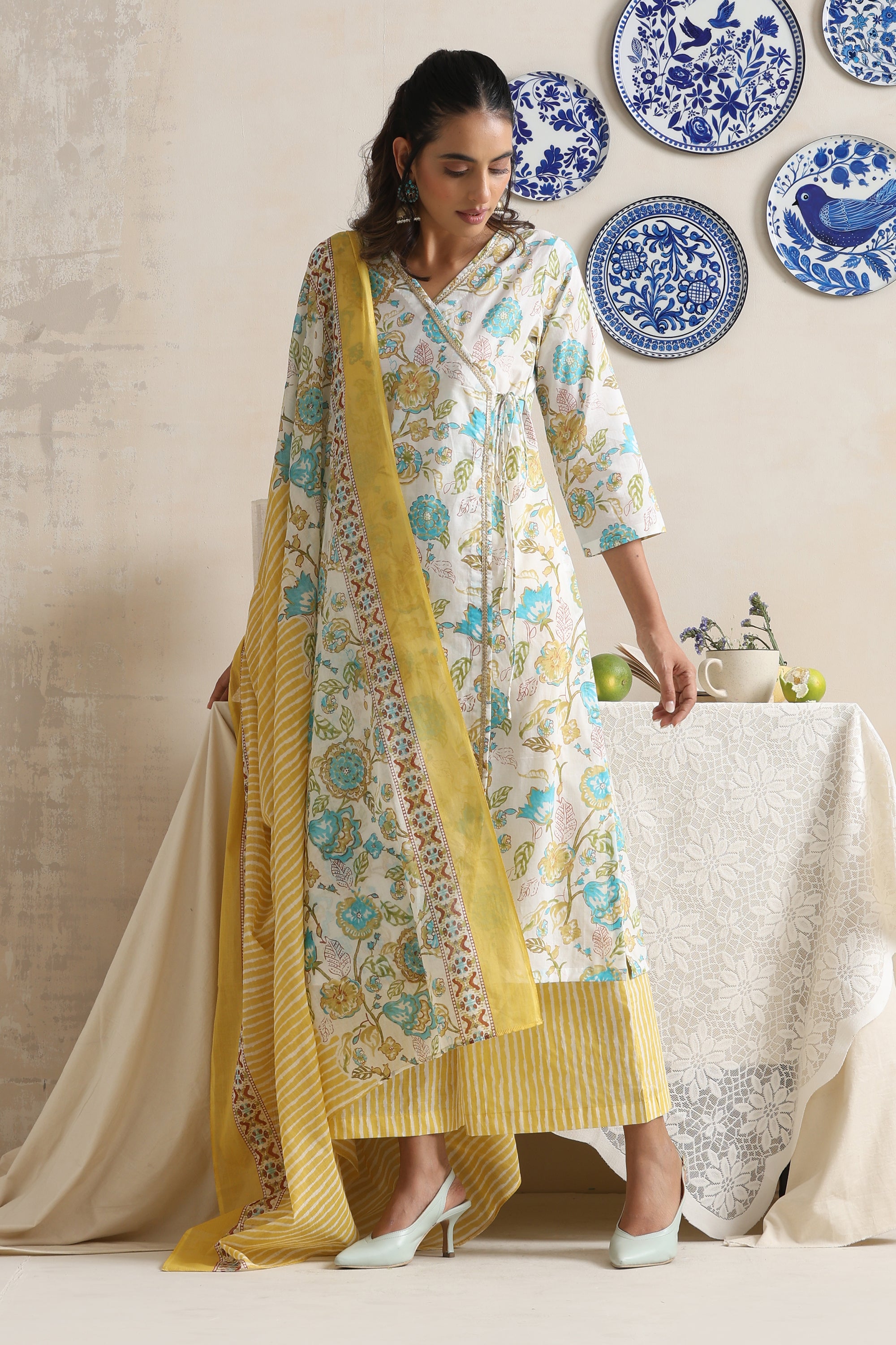 Arden White Floral Angrakha Kurta Set with Dupatta