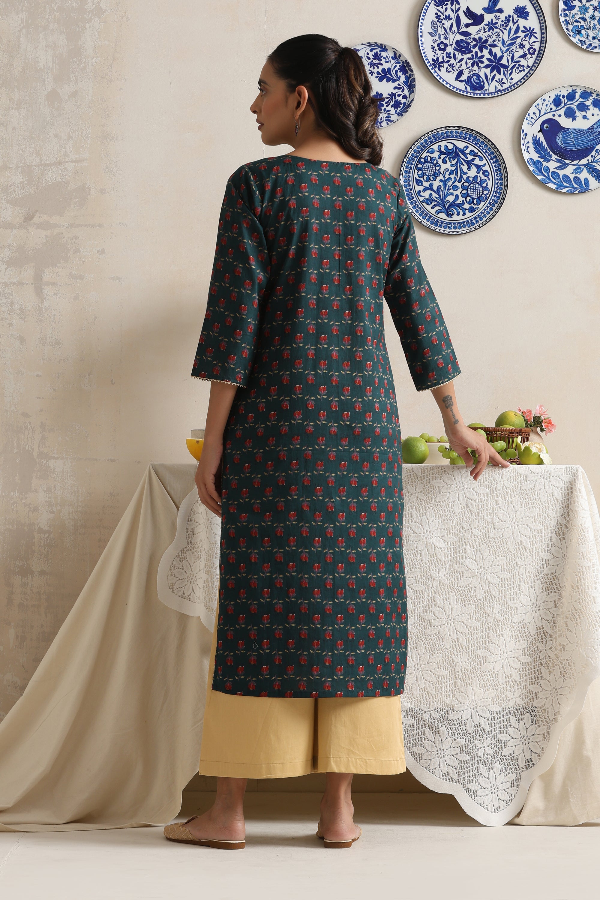 Ivy Green Floral Handblock Kurta Set