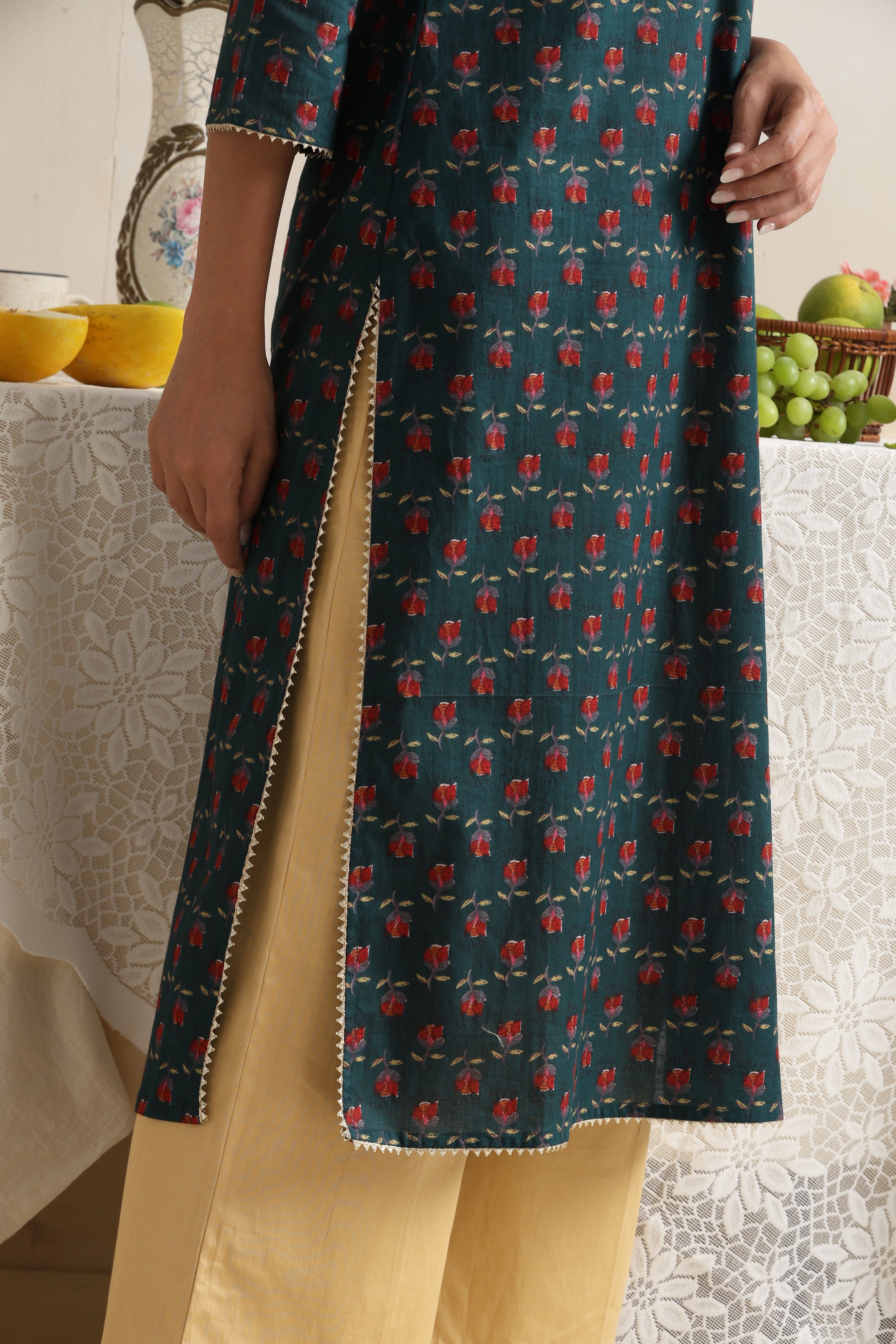 Ivy Green Floral Handblock Kurta Set