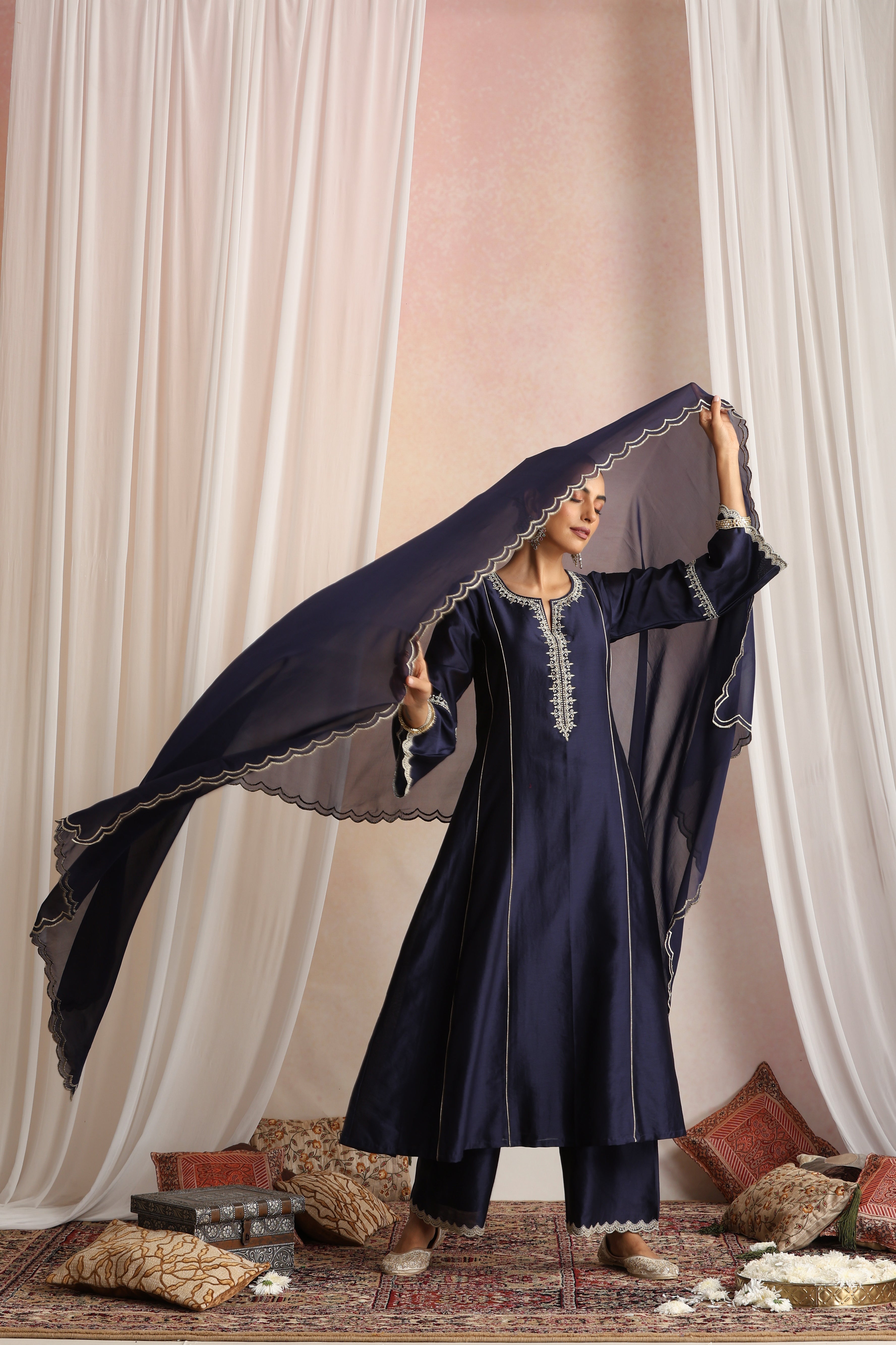 Sabiha Navy Blue Embroidered Kurta Set with Dupatta