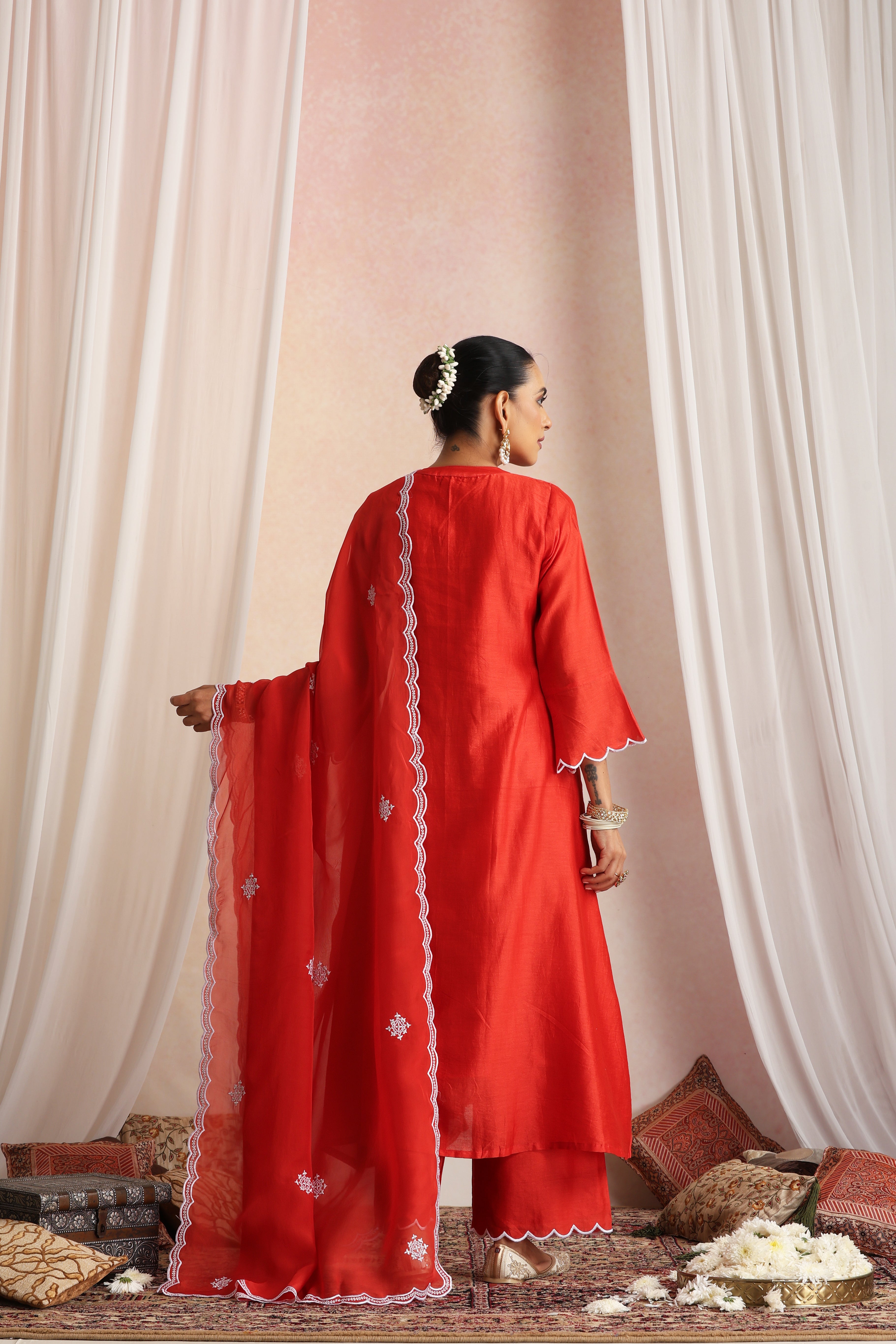 Ashwatha Red Embroidered Pintex Kurta Set with Dupatta