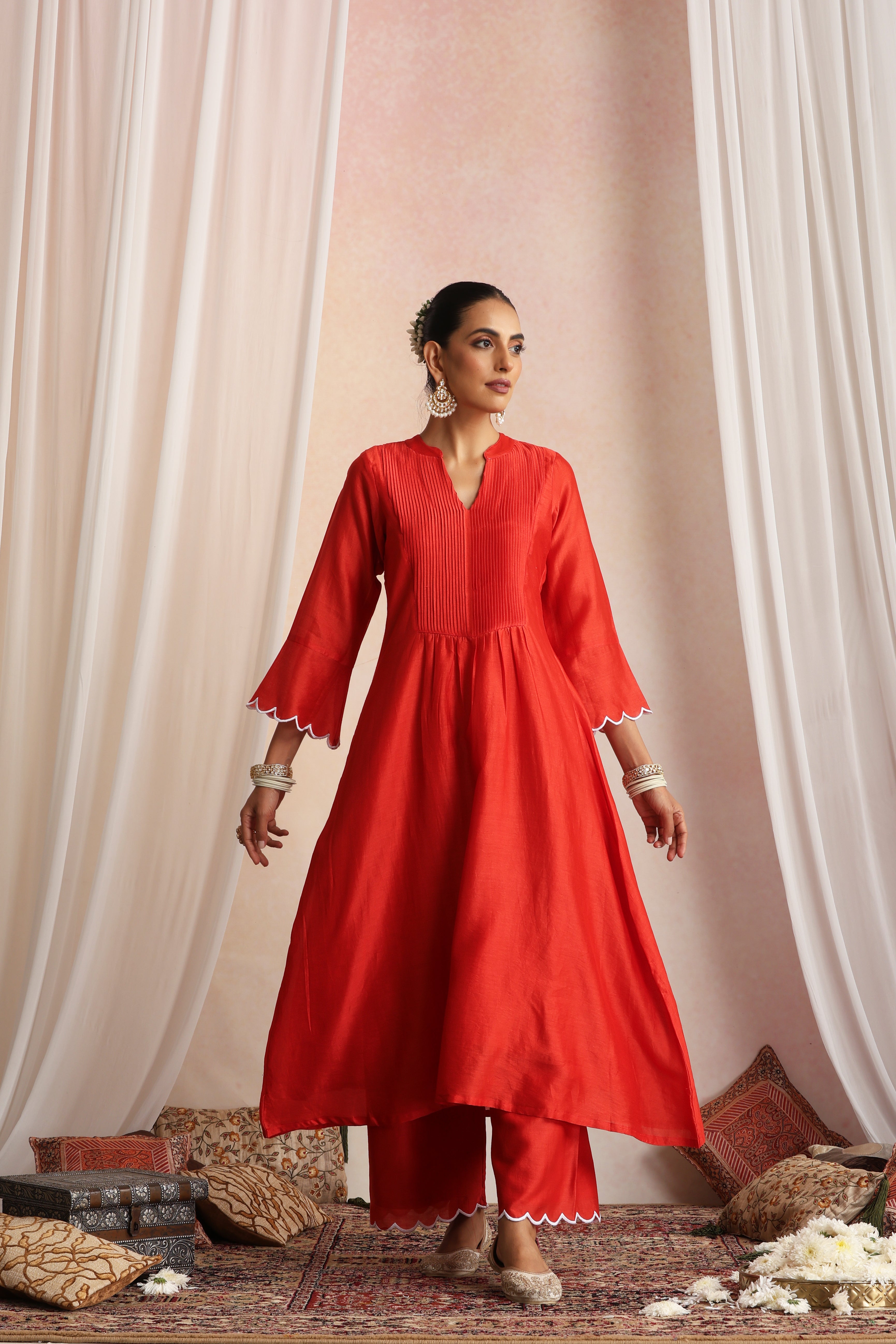 Ashwatha Red Embroidered Pintex Kurta Set with Dupatta