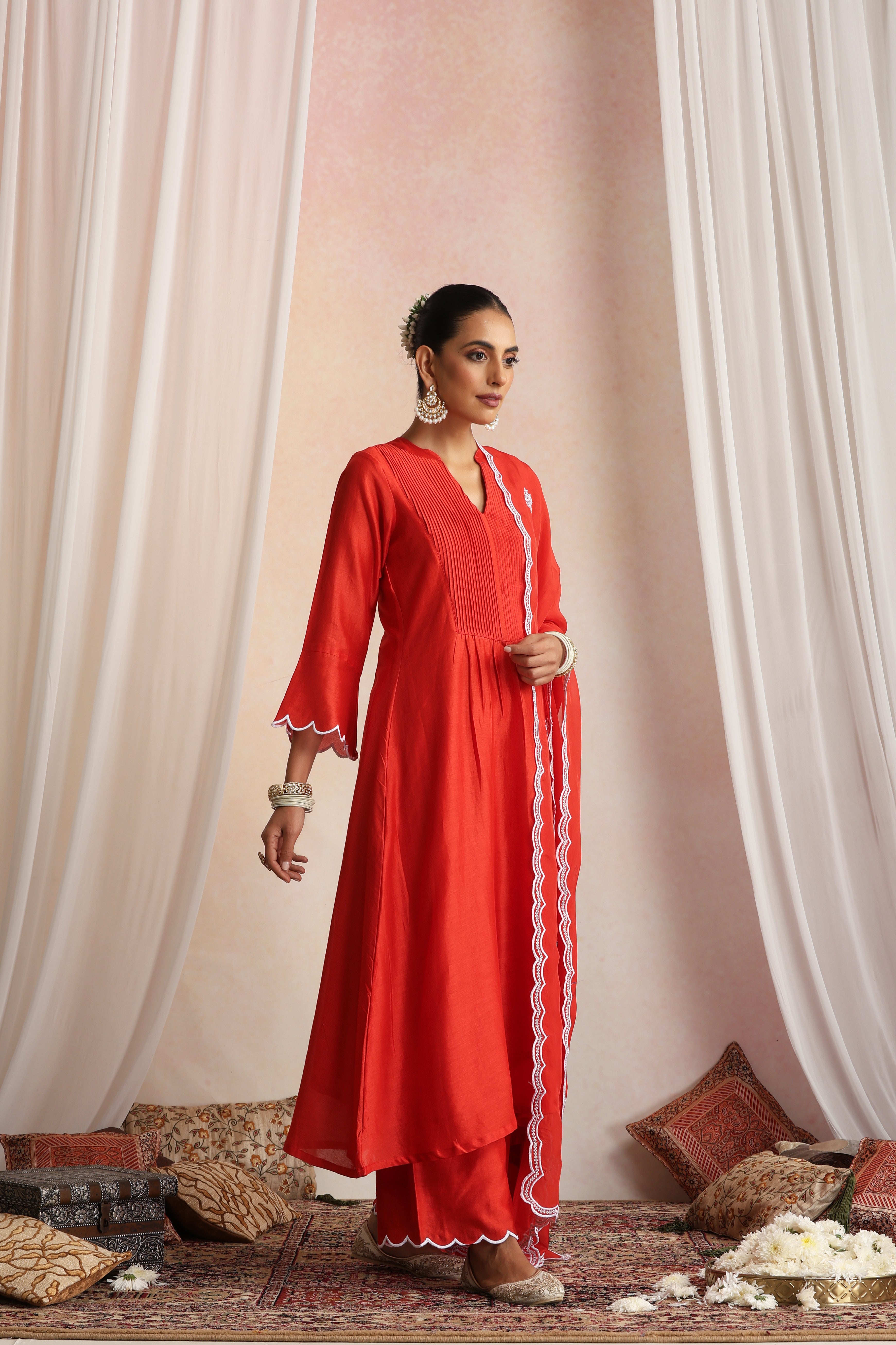 Ashwatha Red Embroidered Pintex Kurta Set with Dupatta