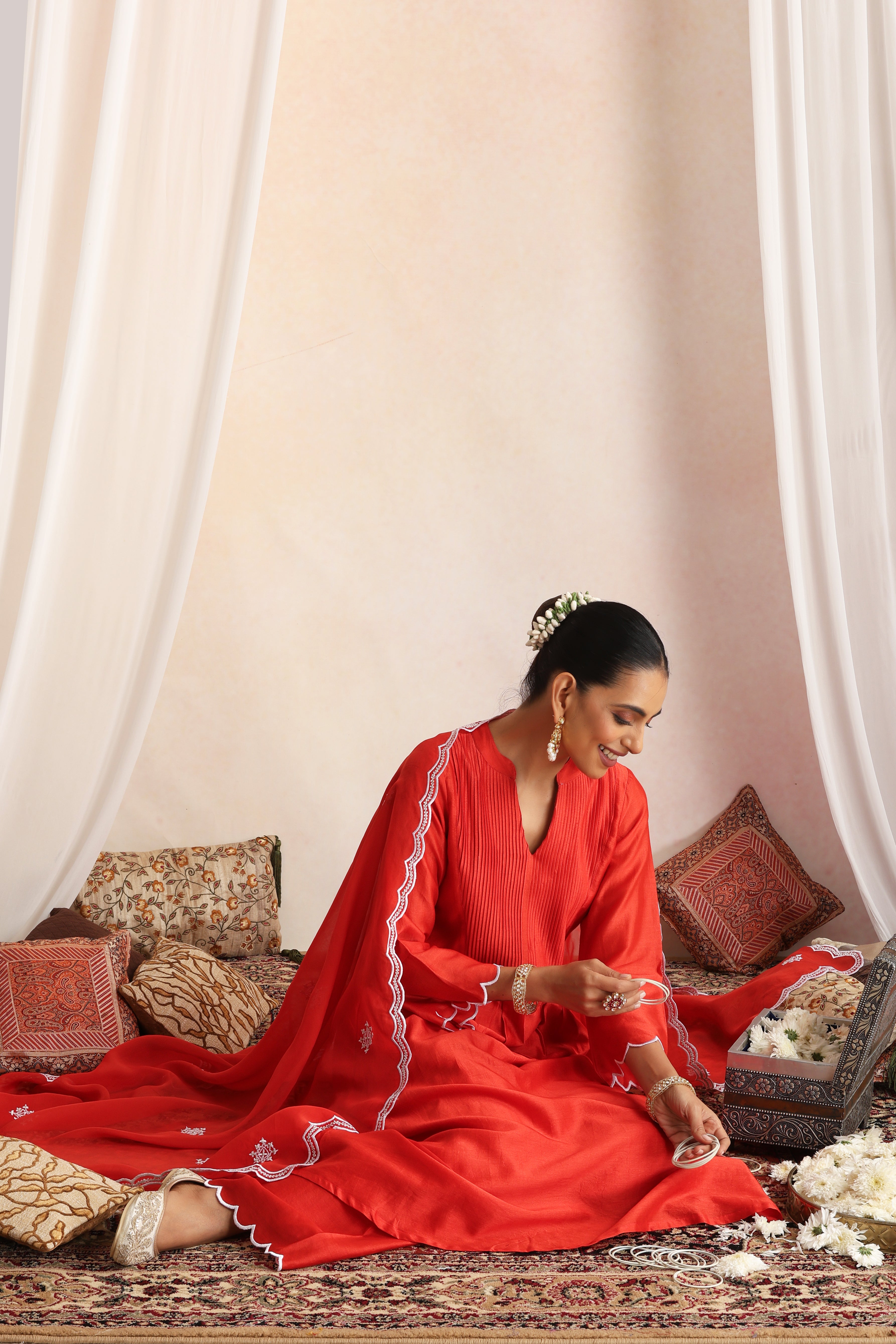 Ashwatha Red Embroidered Pintex Kurta Set with Dupatta