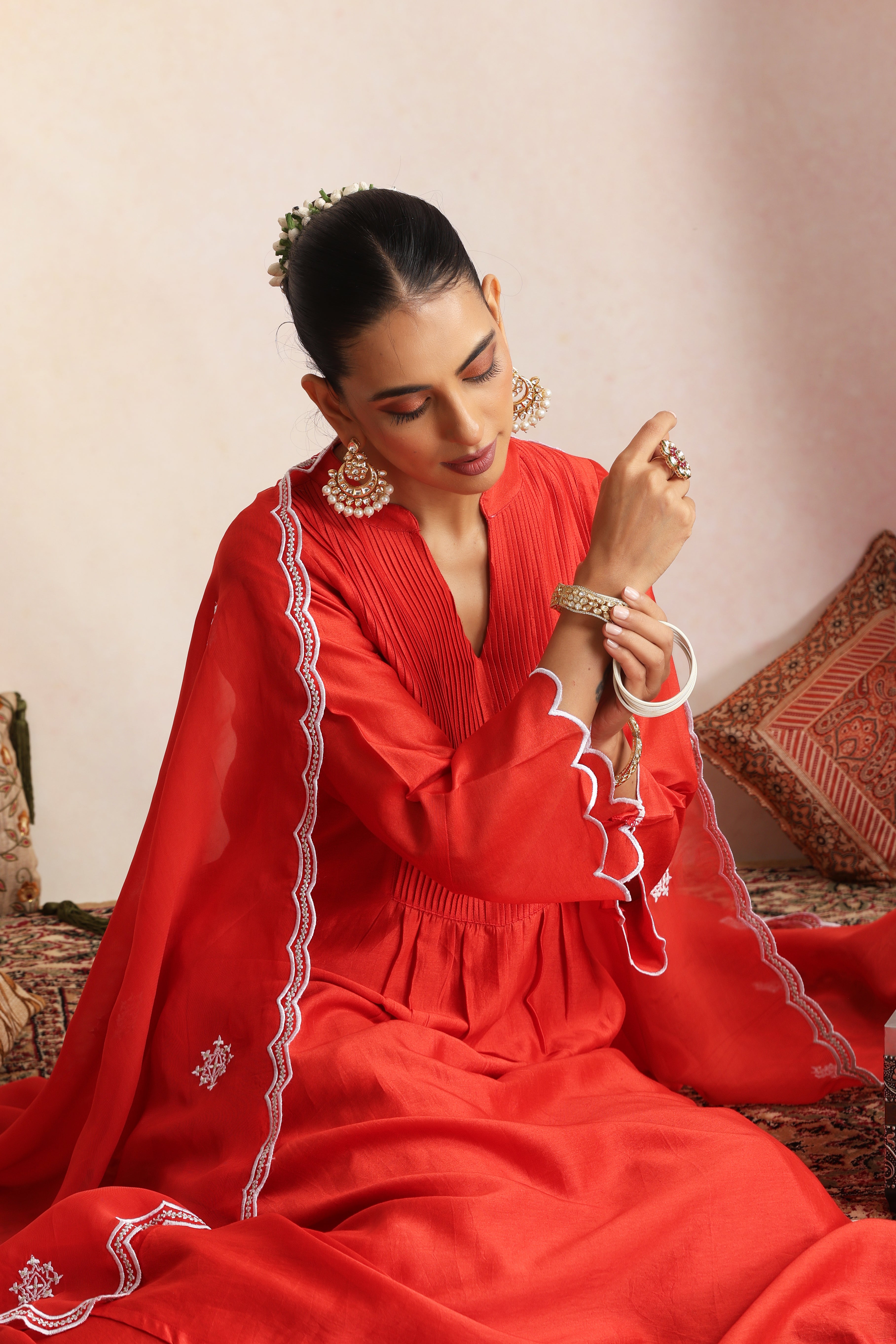 Ashwatha Red Embroidered Pintex Kurta Set with Dupatta