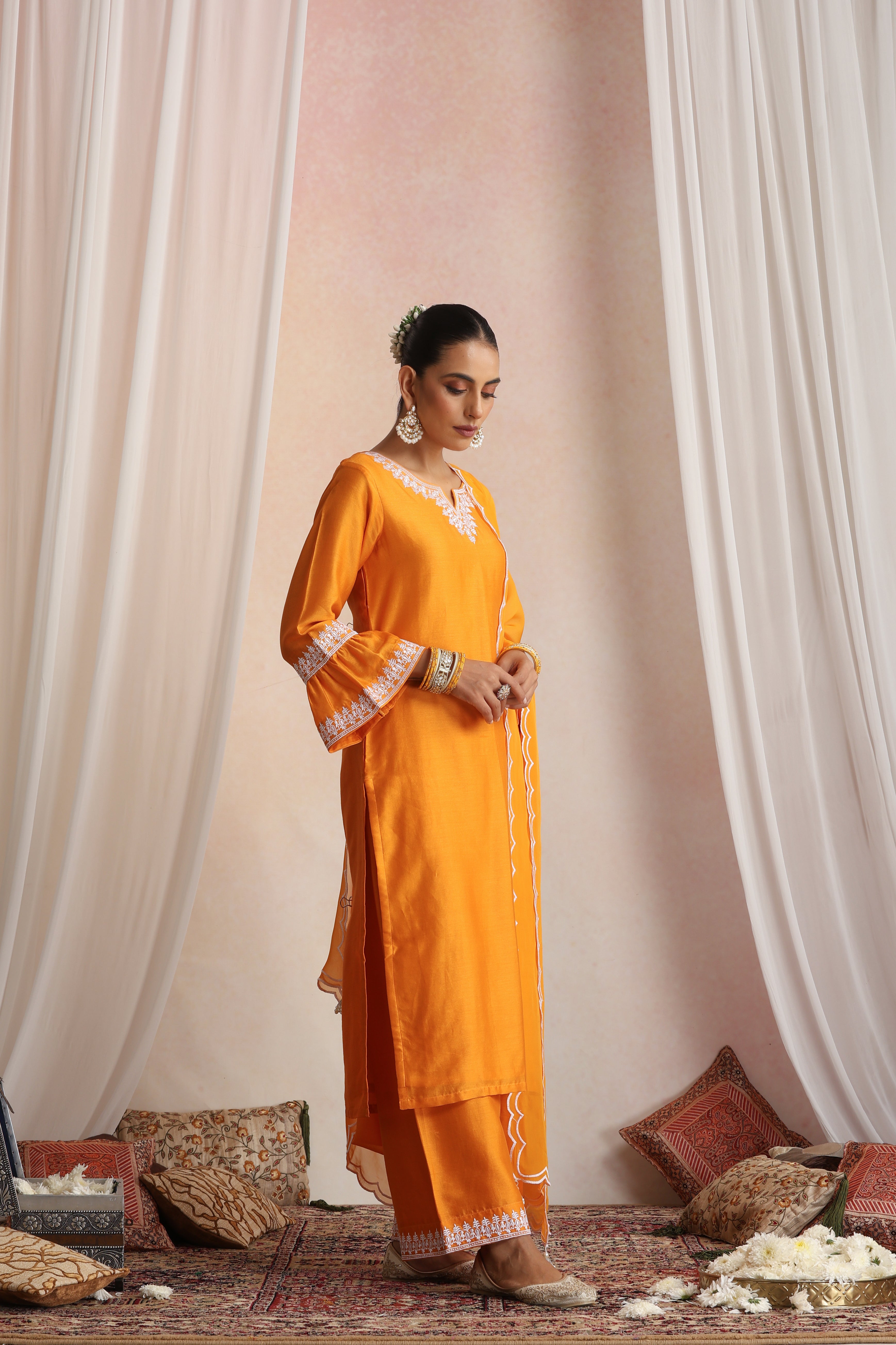 Somia Orange Embroidered Kurta Set with Dupatta