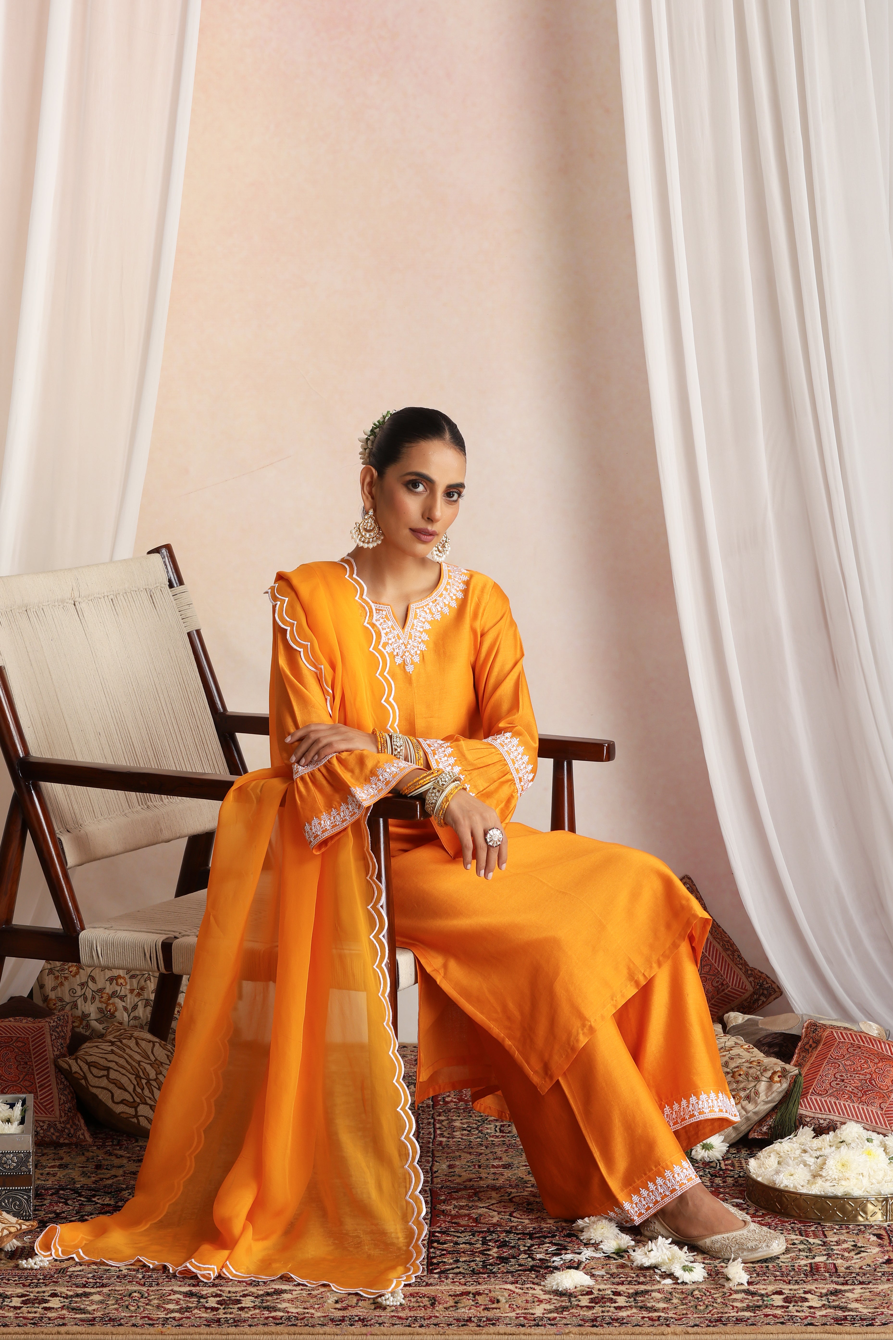 Somia Orange Embroidered Kurta Set with Dupatta