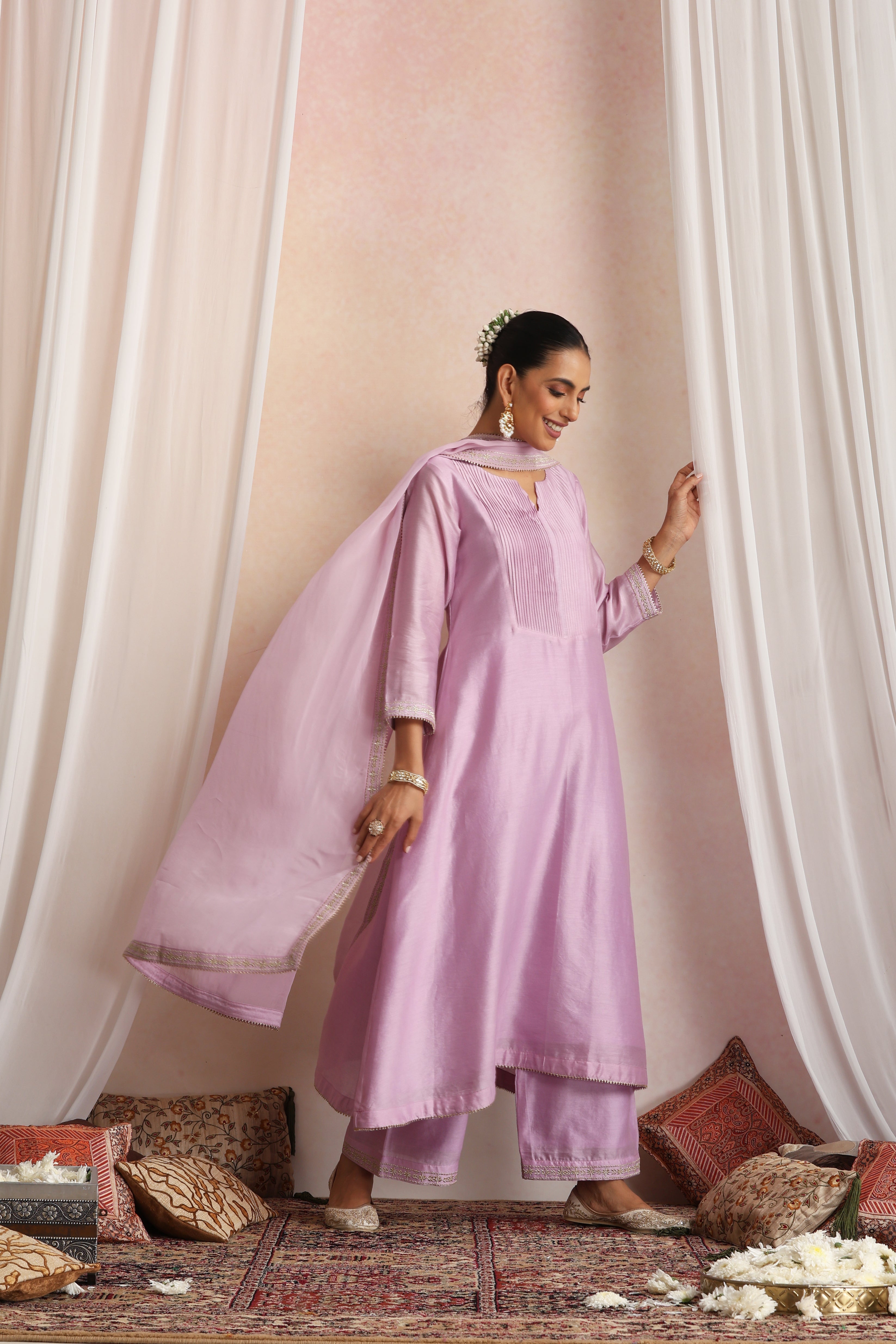 Nimiti Lavender Embroidered Pintex Kurta Set with Dupatta