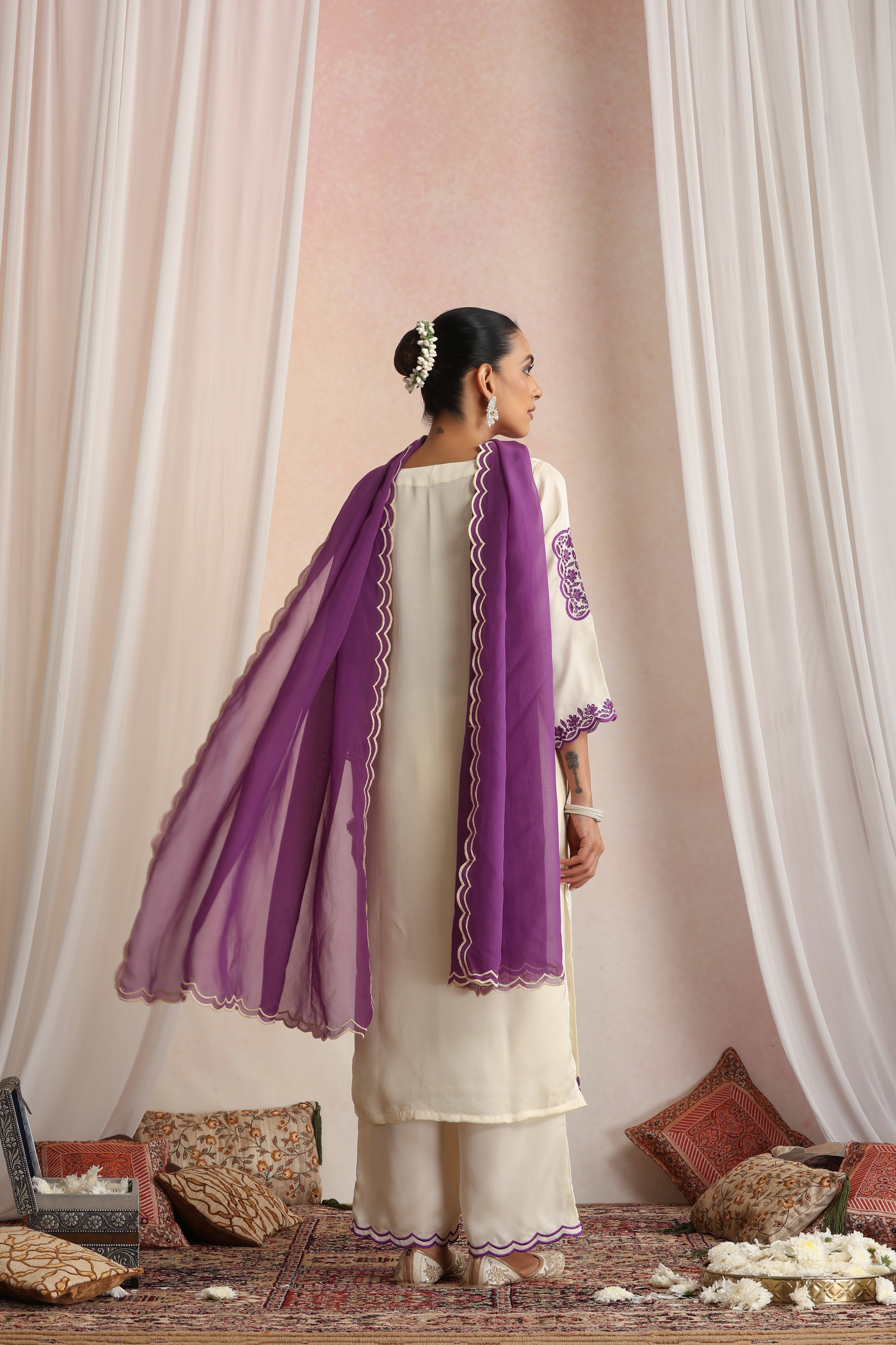 Roshini Cream Embroidered Kurta Set with Dupatta