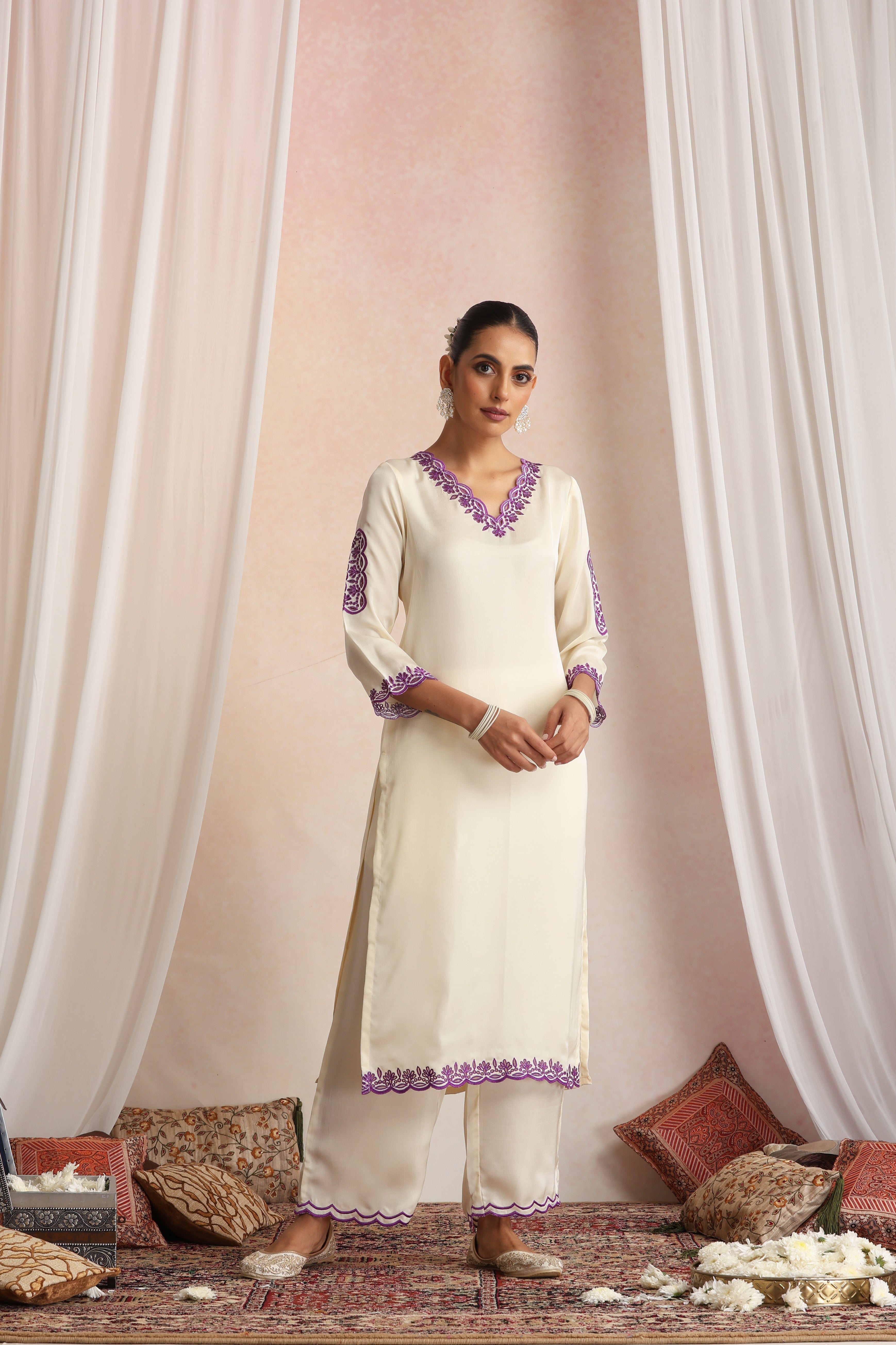 Roshini Cream Embroidered Kurta Set with Dupatta