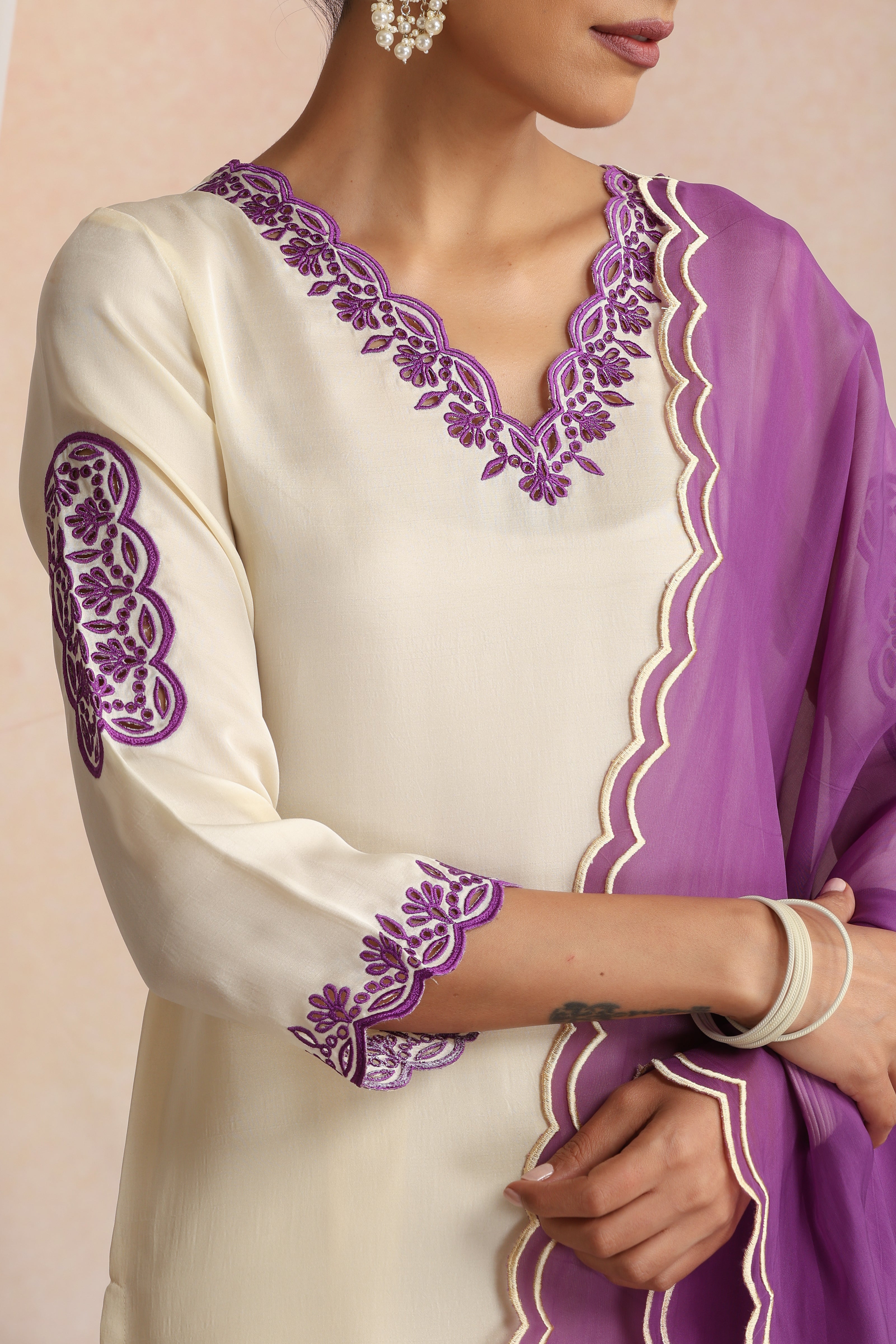 Roshini Cream Embroidered Kurta Set with Dupatta