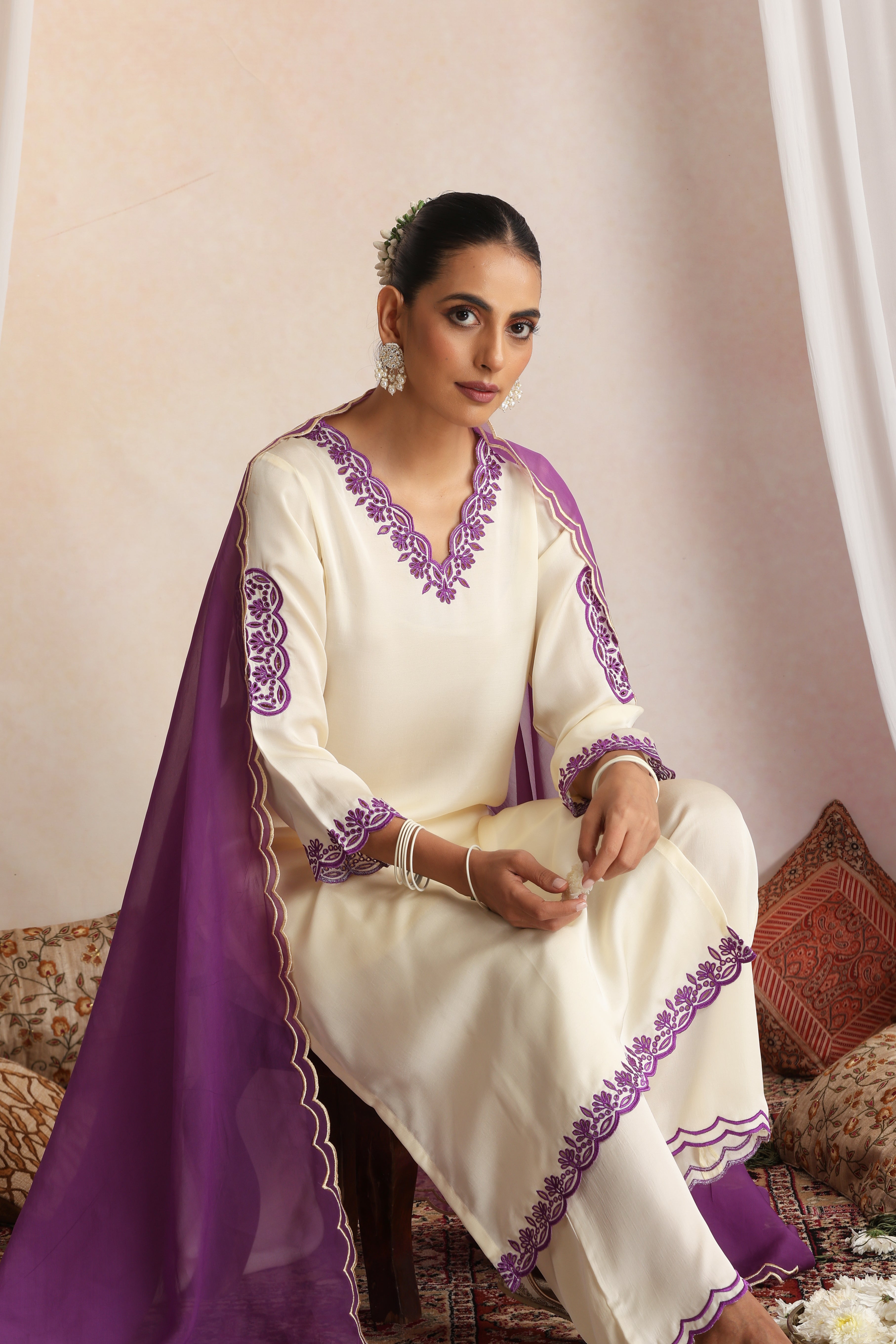 Roshini Cream Embroidered Kurta Set with Dupatta