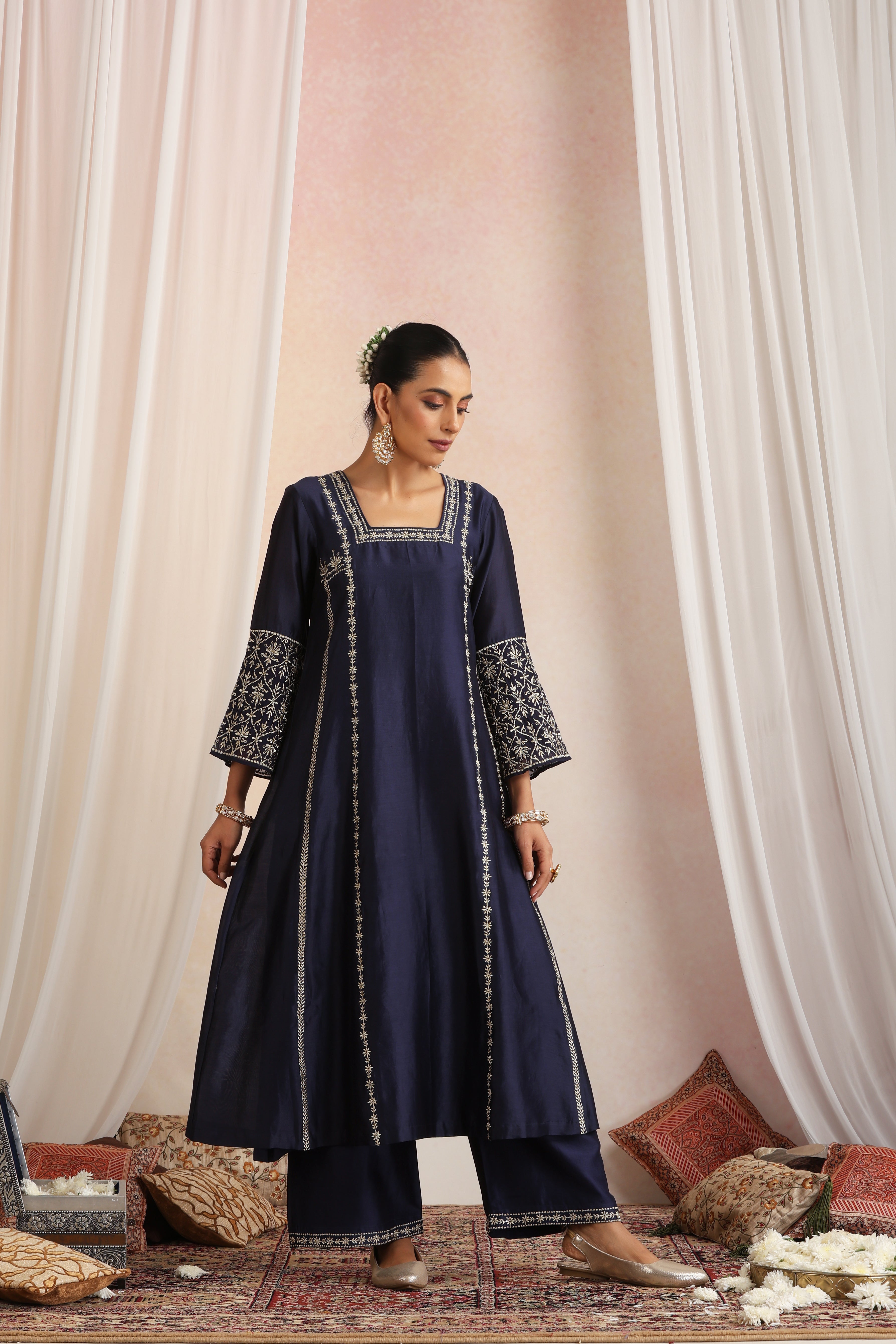 Gulzar Navy Blue Embroidered Kurta Set with Dupatta
