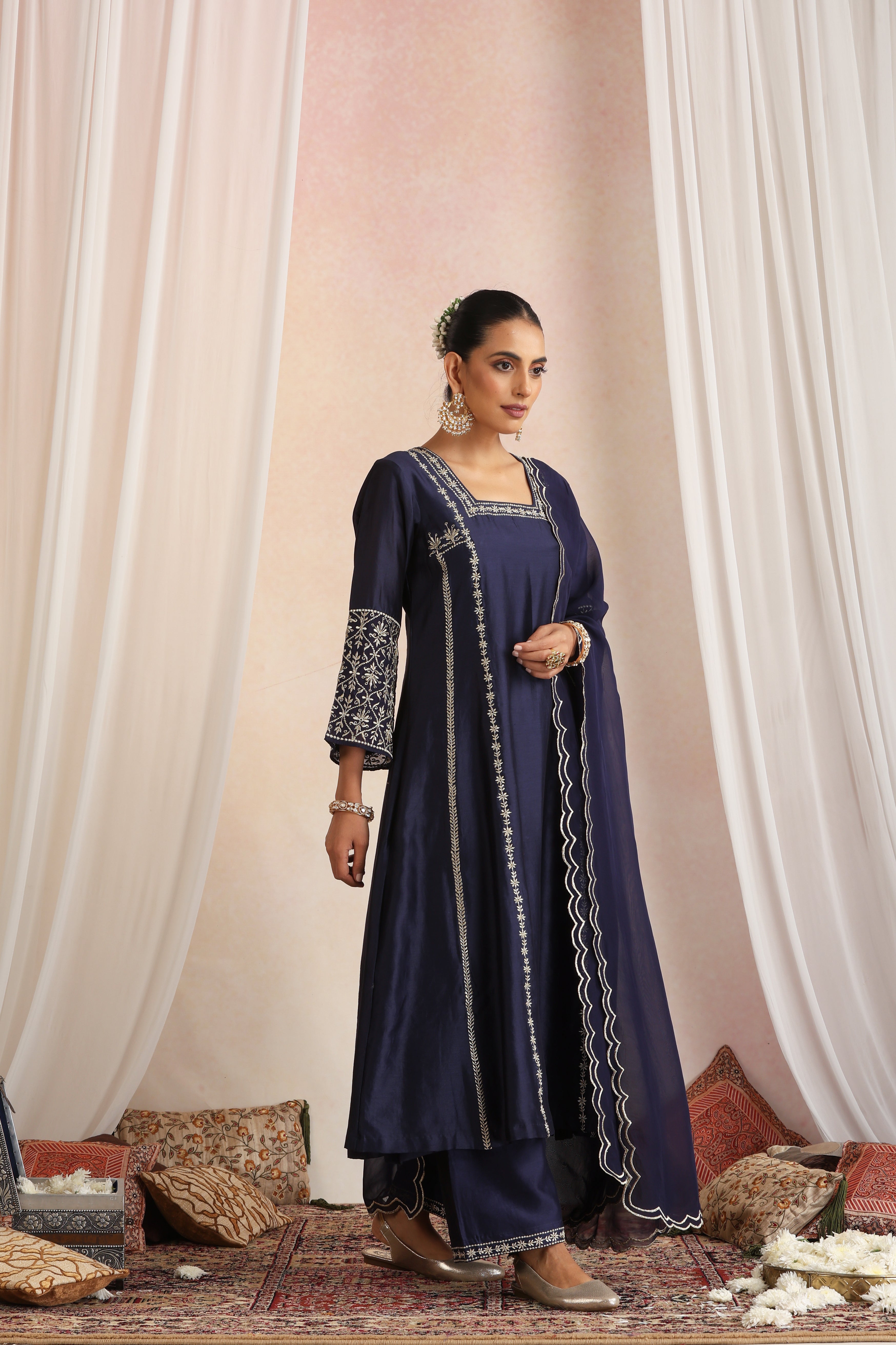 Gulzar Navy Blue Embroidered Kurta Set with Dupatta