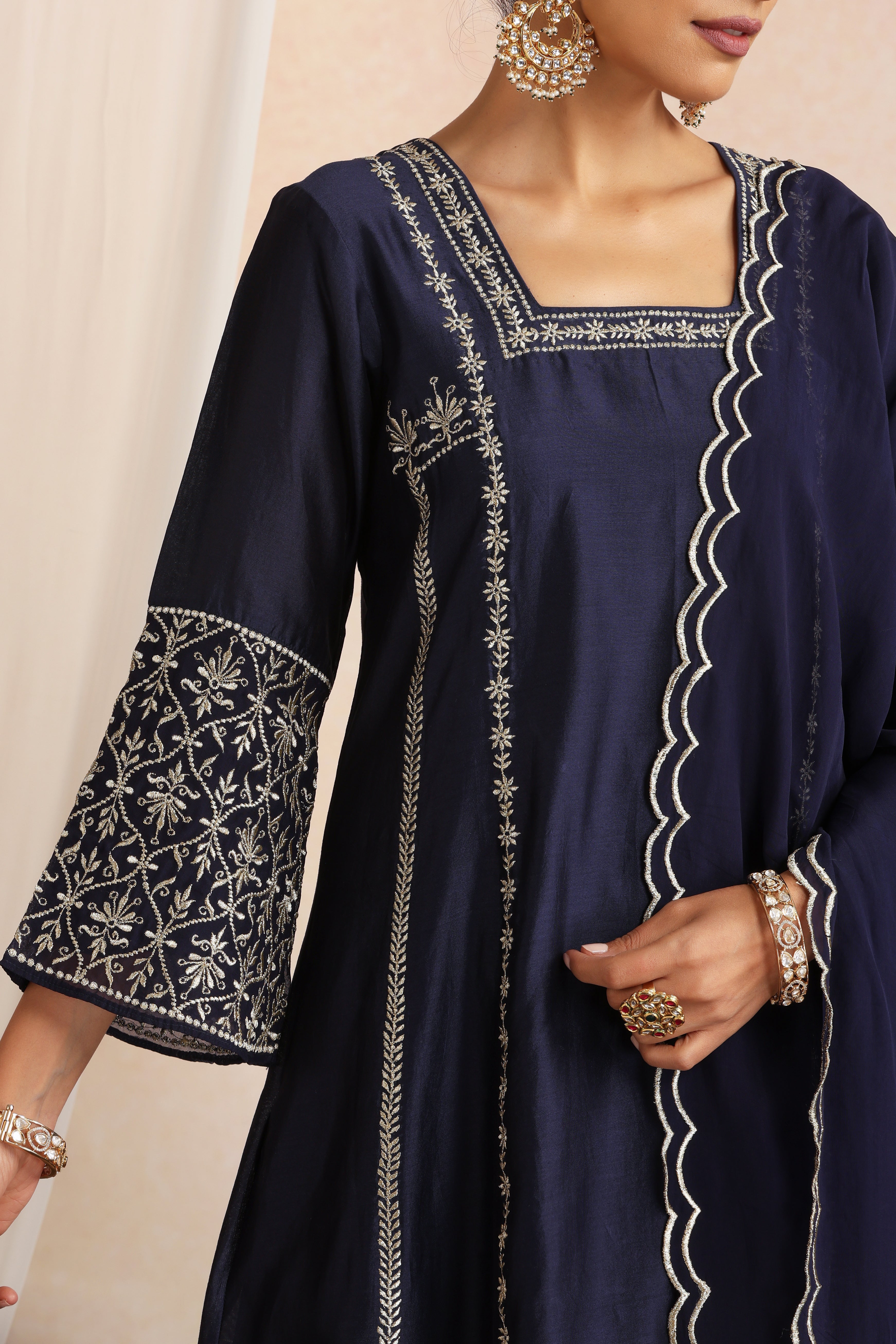 Gulzar Navy Blue Embroidered Kurta Set with Dupatta