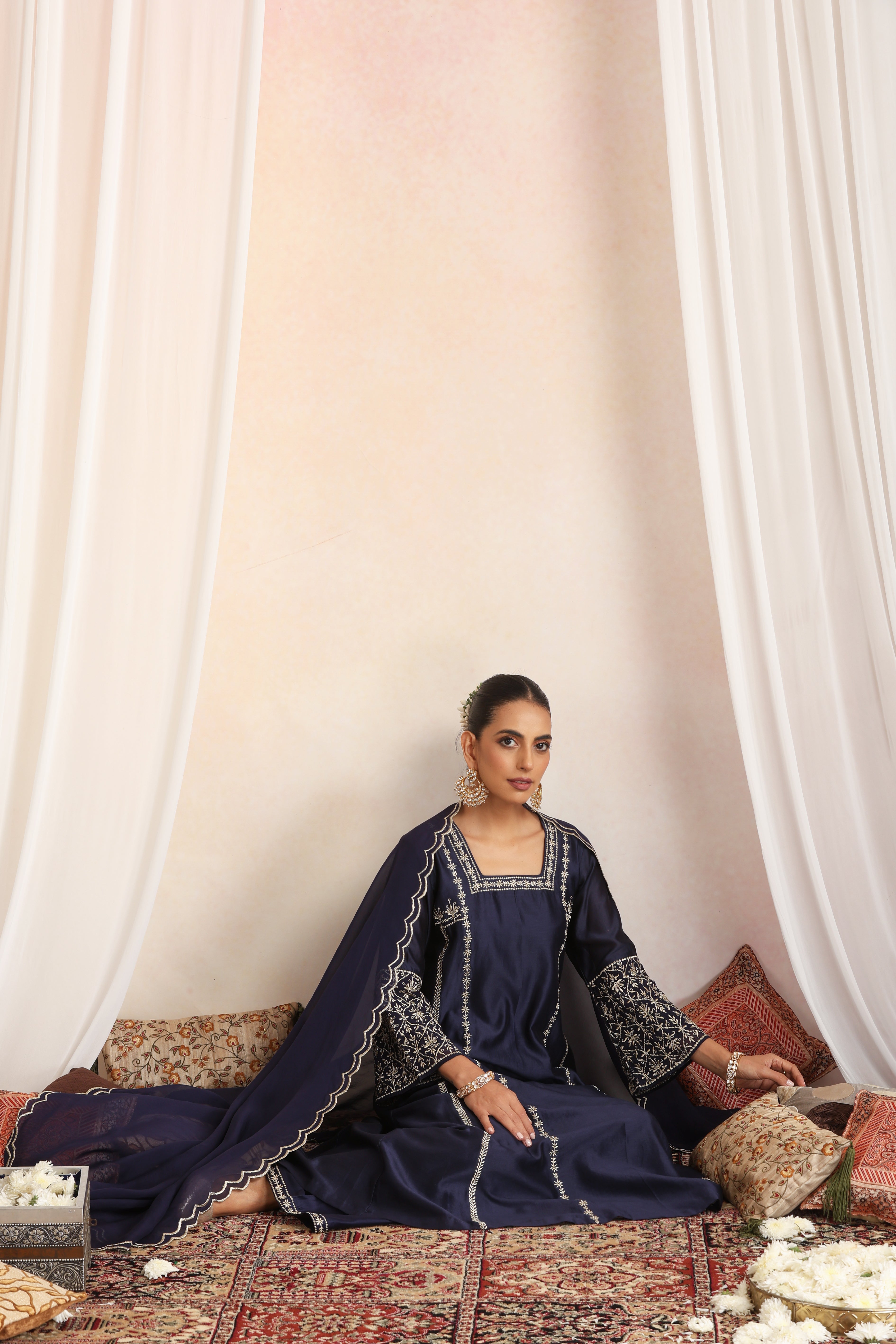 Gulzar Navy Blue Embroidered Kurta Set with Dupatta