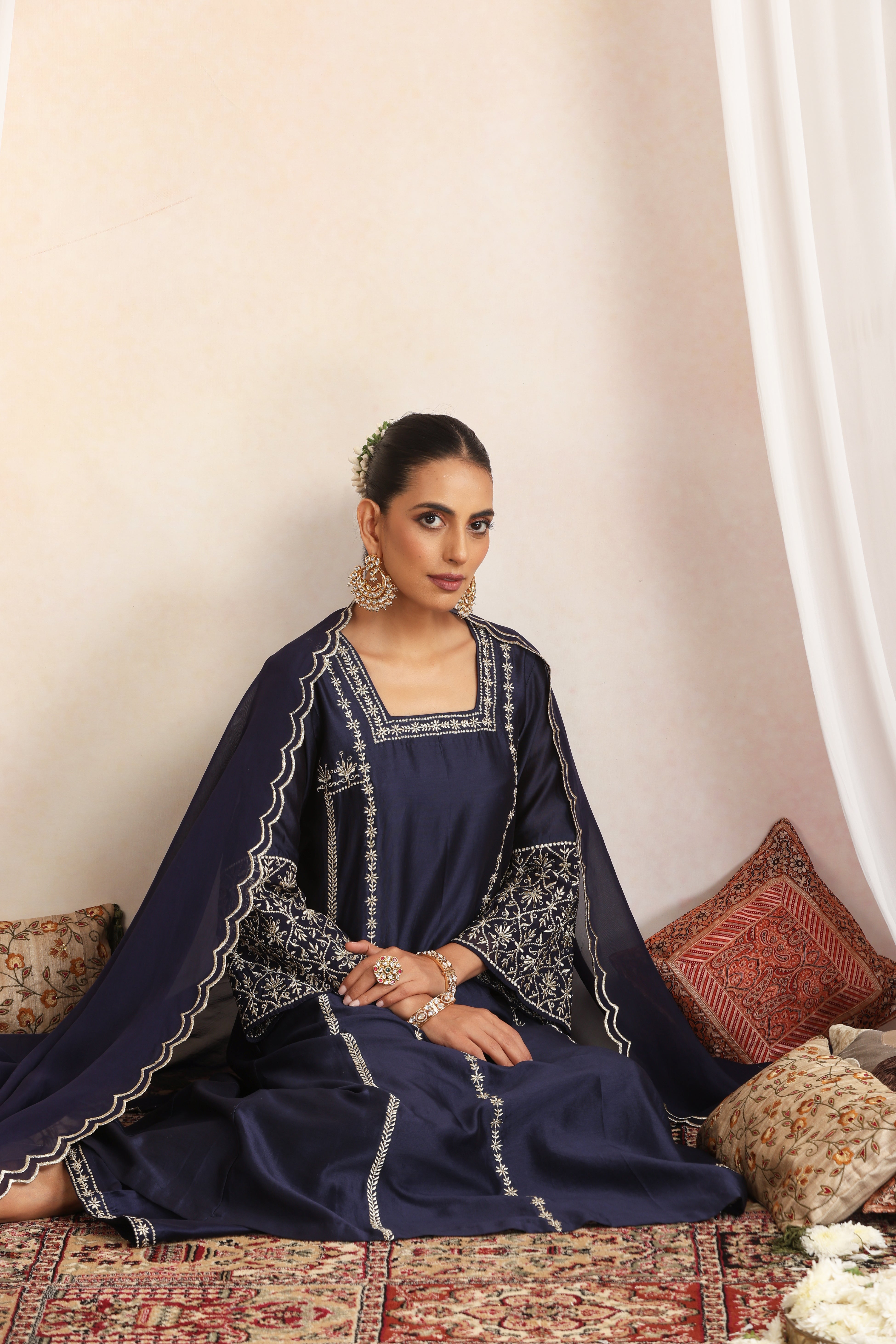 Gulzar Navy Blue Embroidered Kurta Set with Dupatta