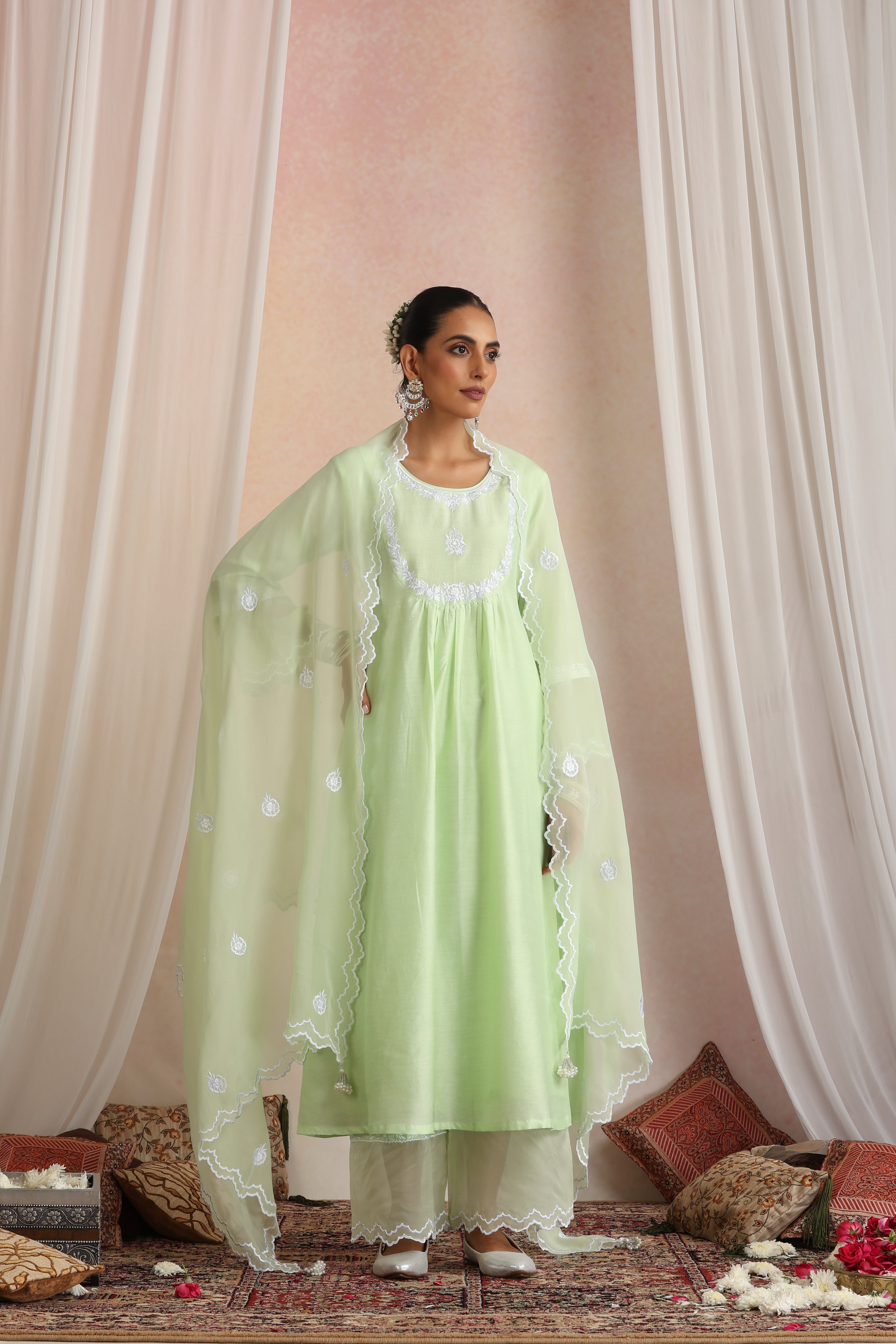 Devika Pastel Green Embroidered Kurta Set with Dupatta