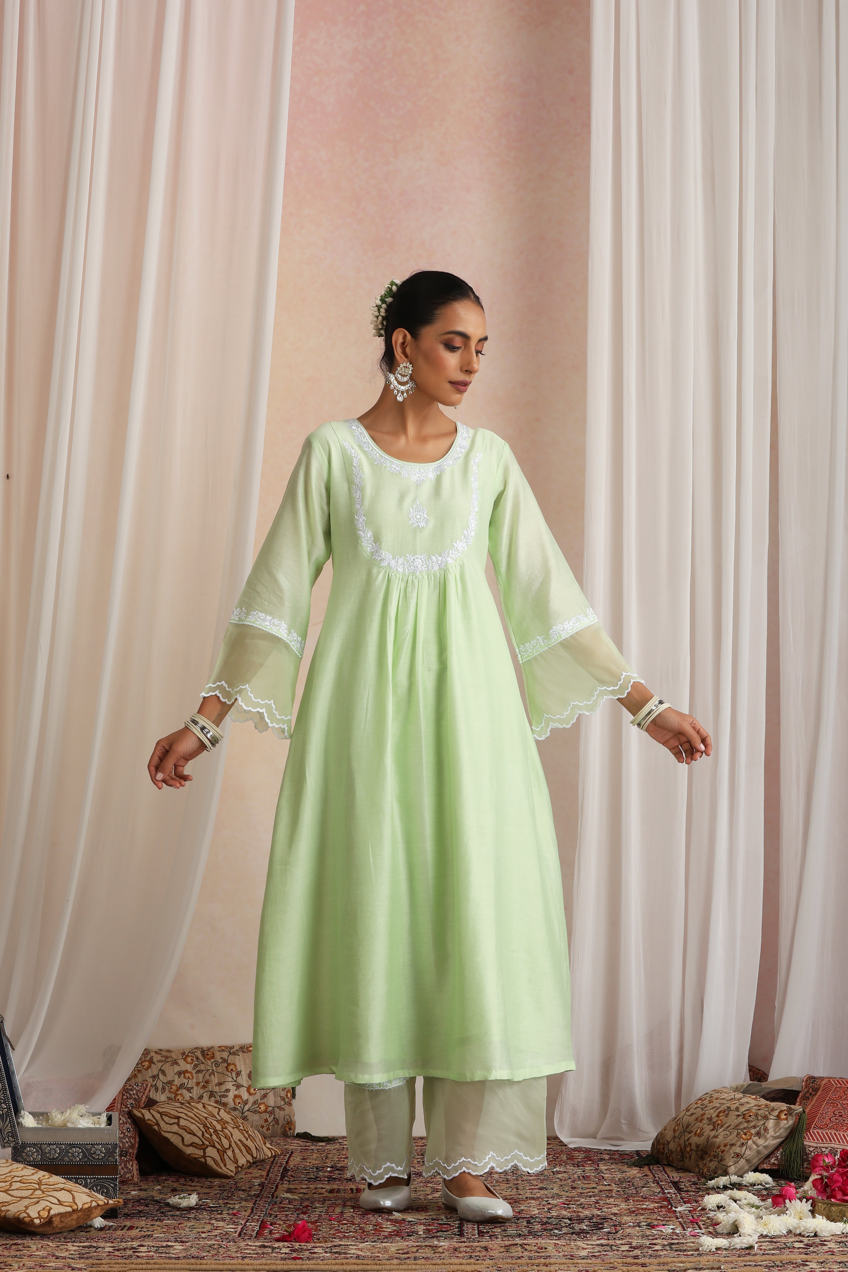 Devika Pastel Green Embroidered Kurta Set with Dupatta
