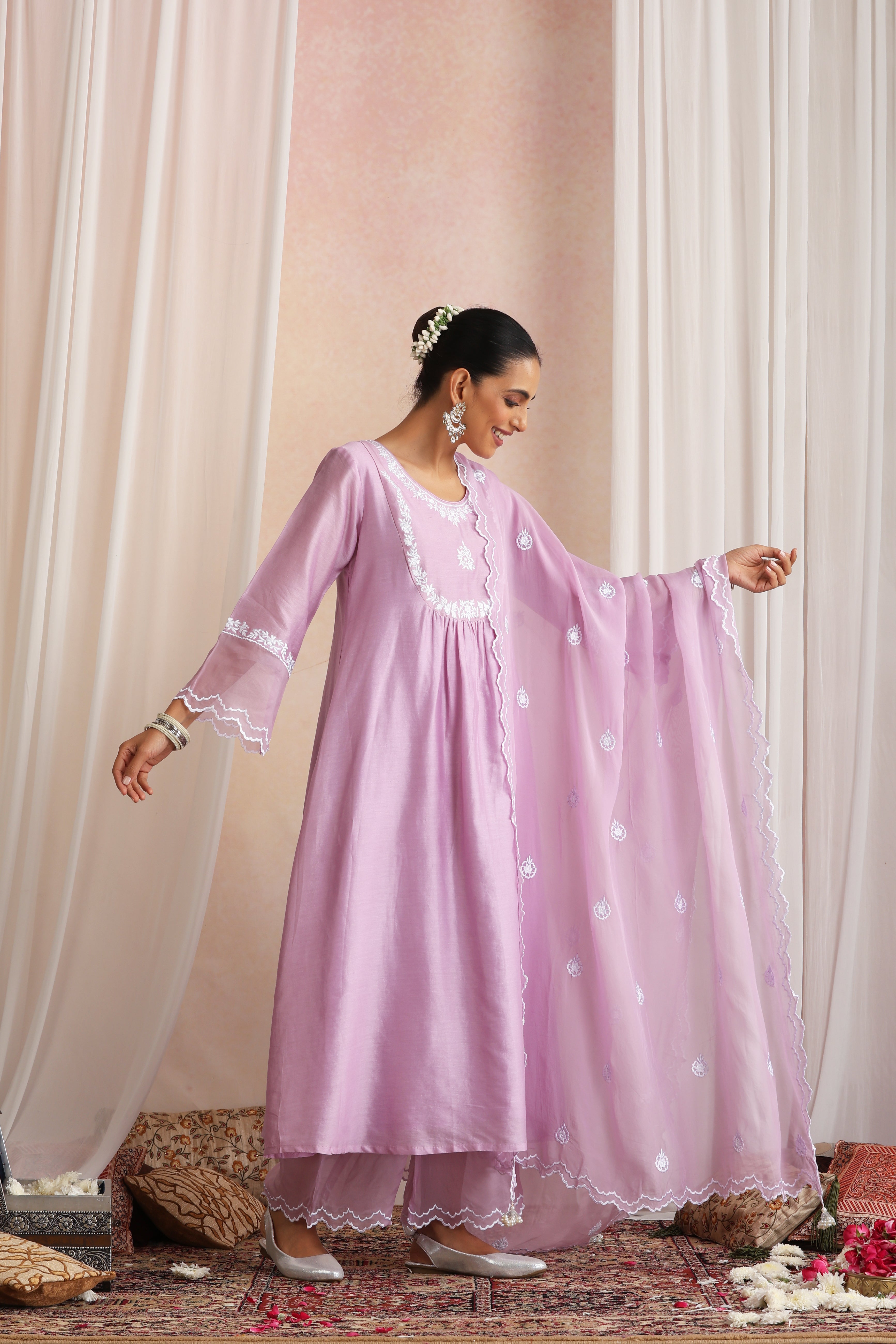 Devika Lavender Embroidered Kurta Set with Dupatta