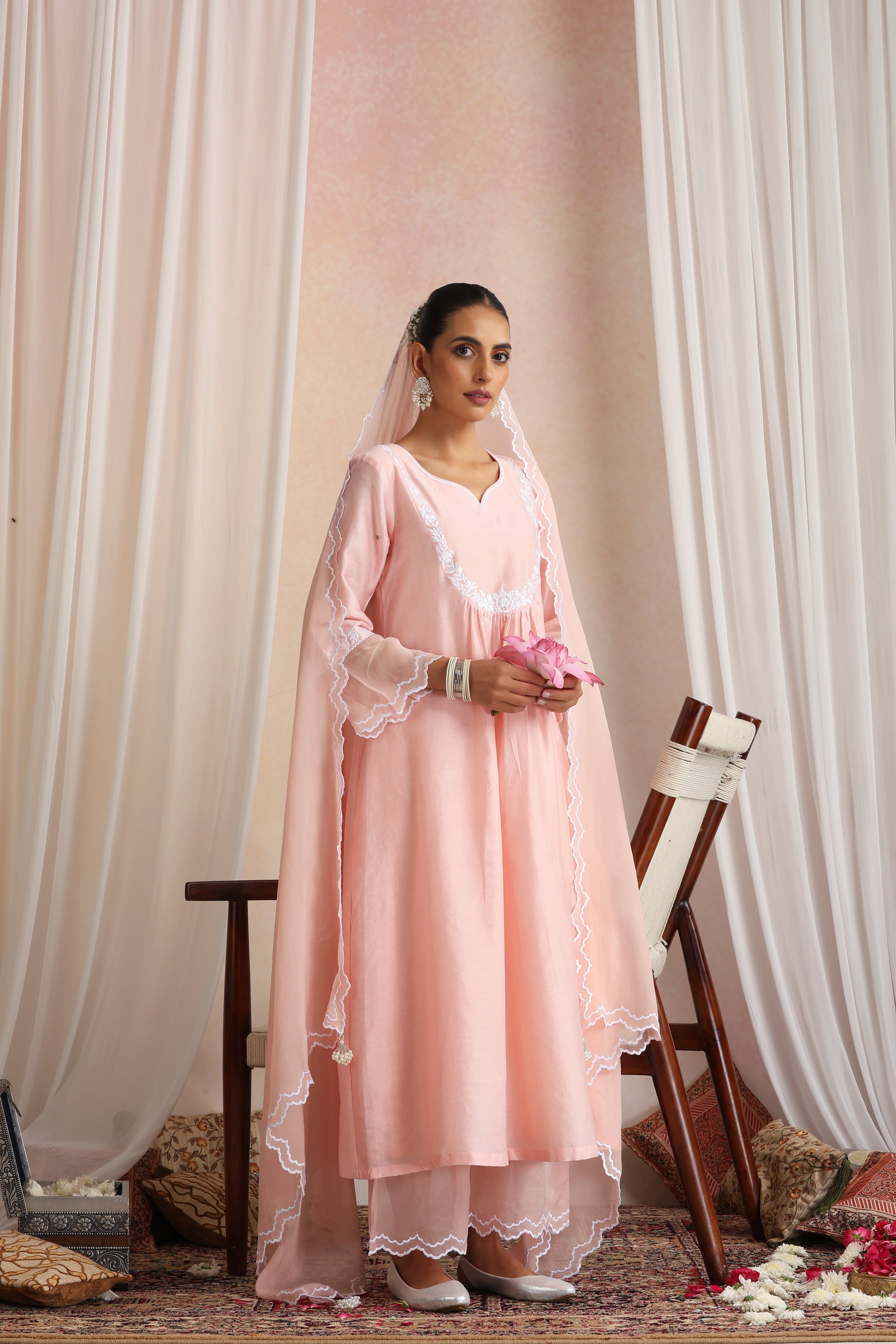 Adah Peach Embroidered Kurta Set with Dupatta