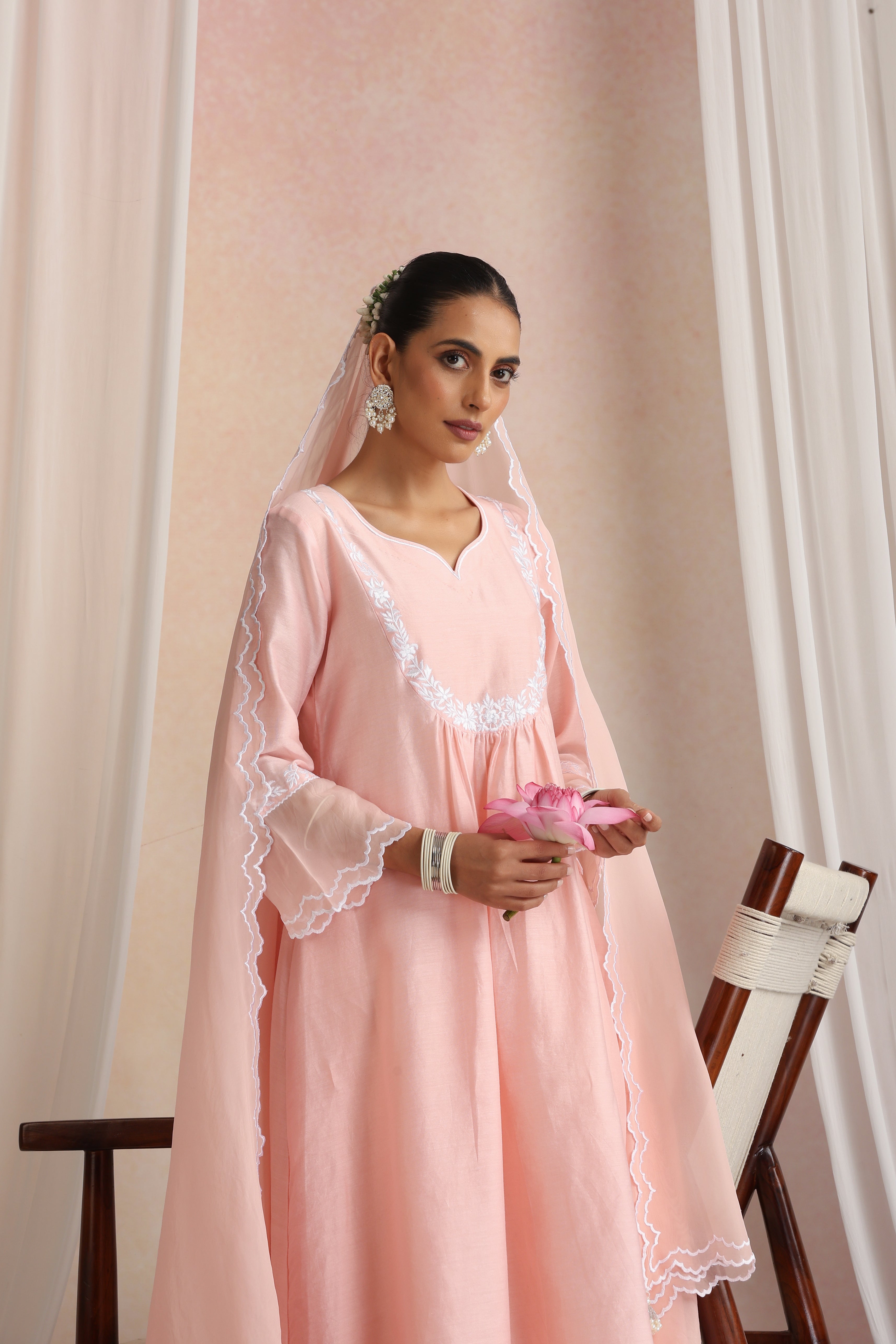 Adah Peach Embroidered Kurta Set with Dupatta