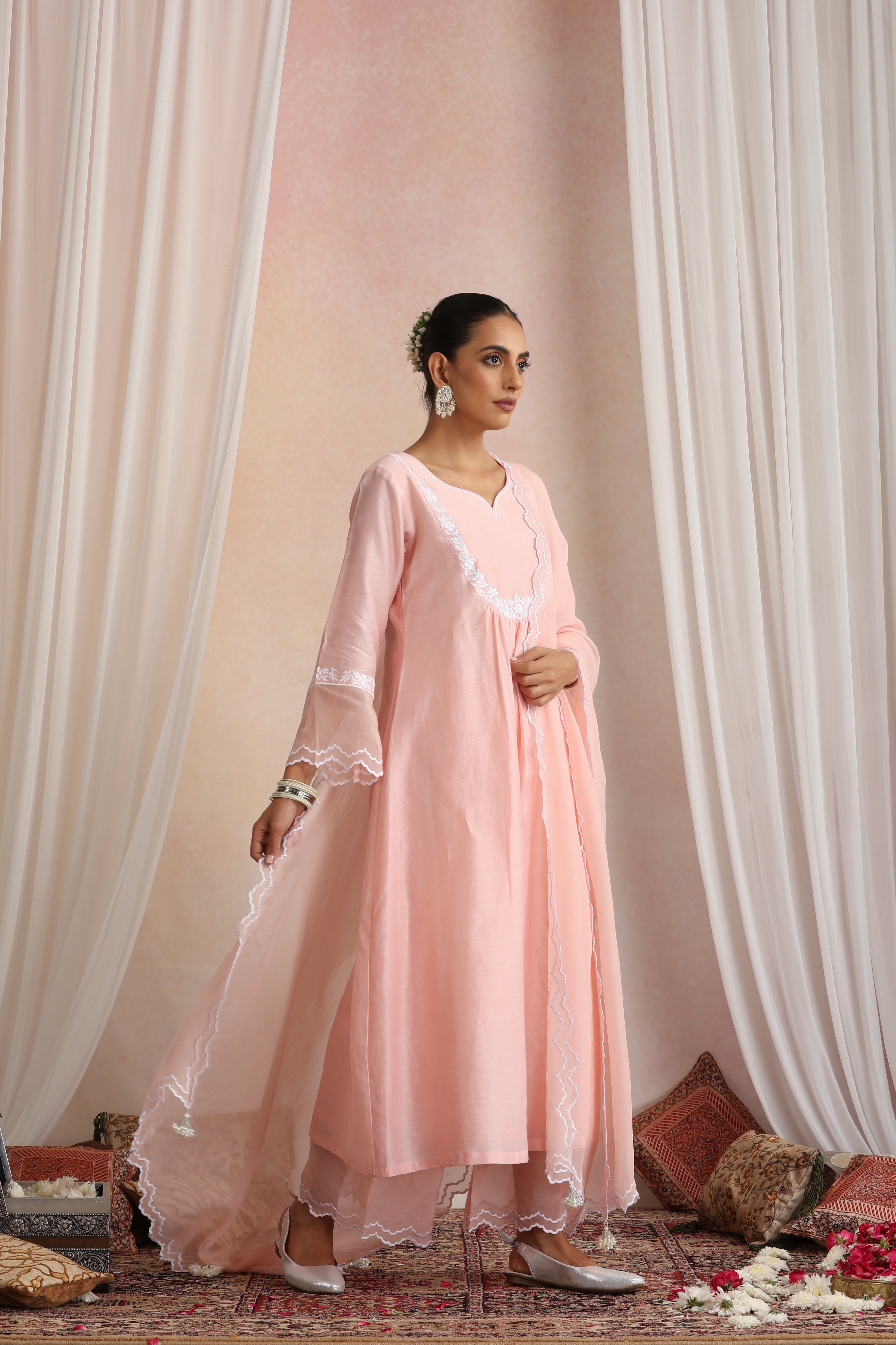 Adah Peach Embroidered Kurta Set with Dupatta