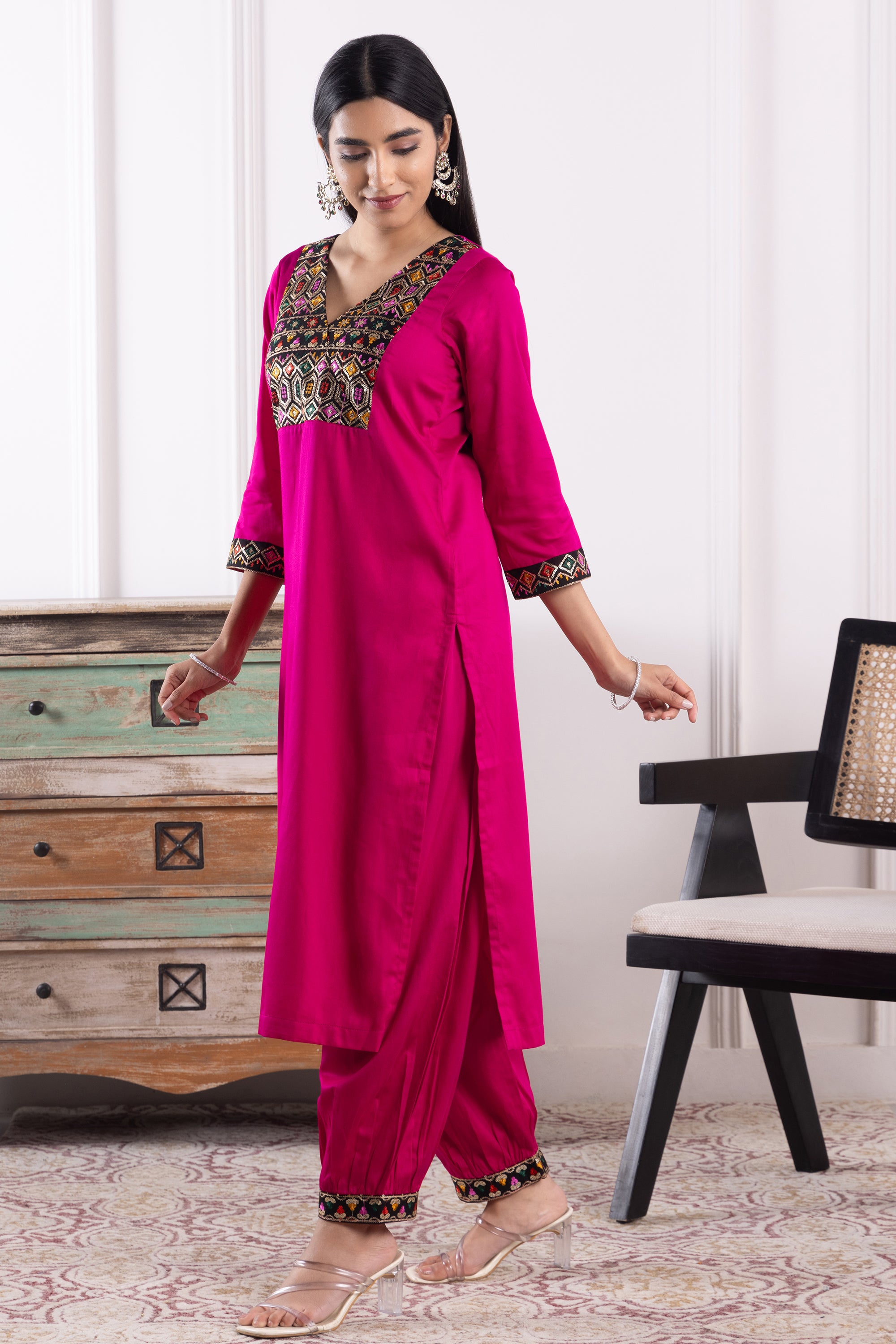 Bella Magenta & Black Cotton Kurta Set