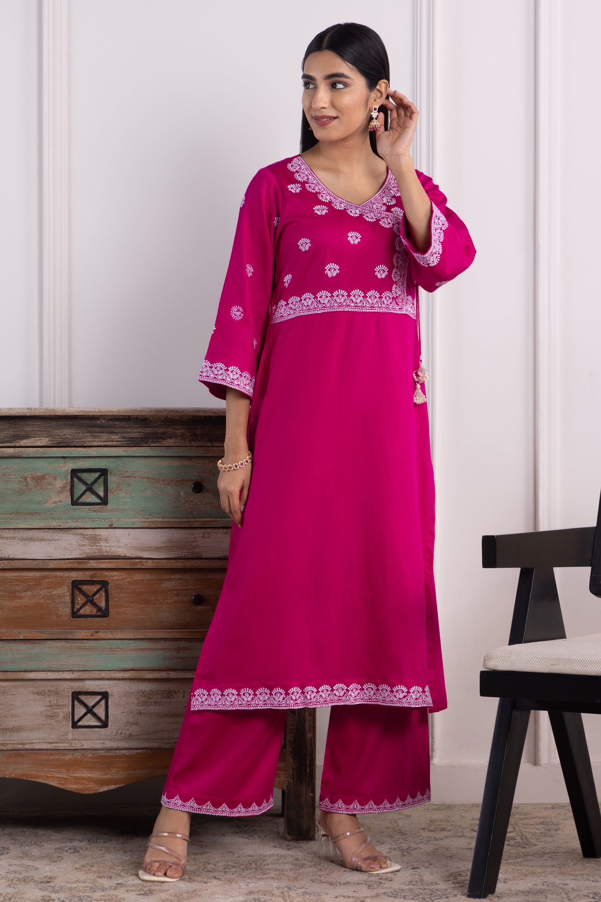 Stella Magenta Cotton Embroidered Kurta Set