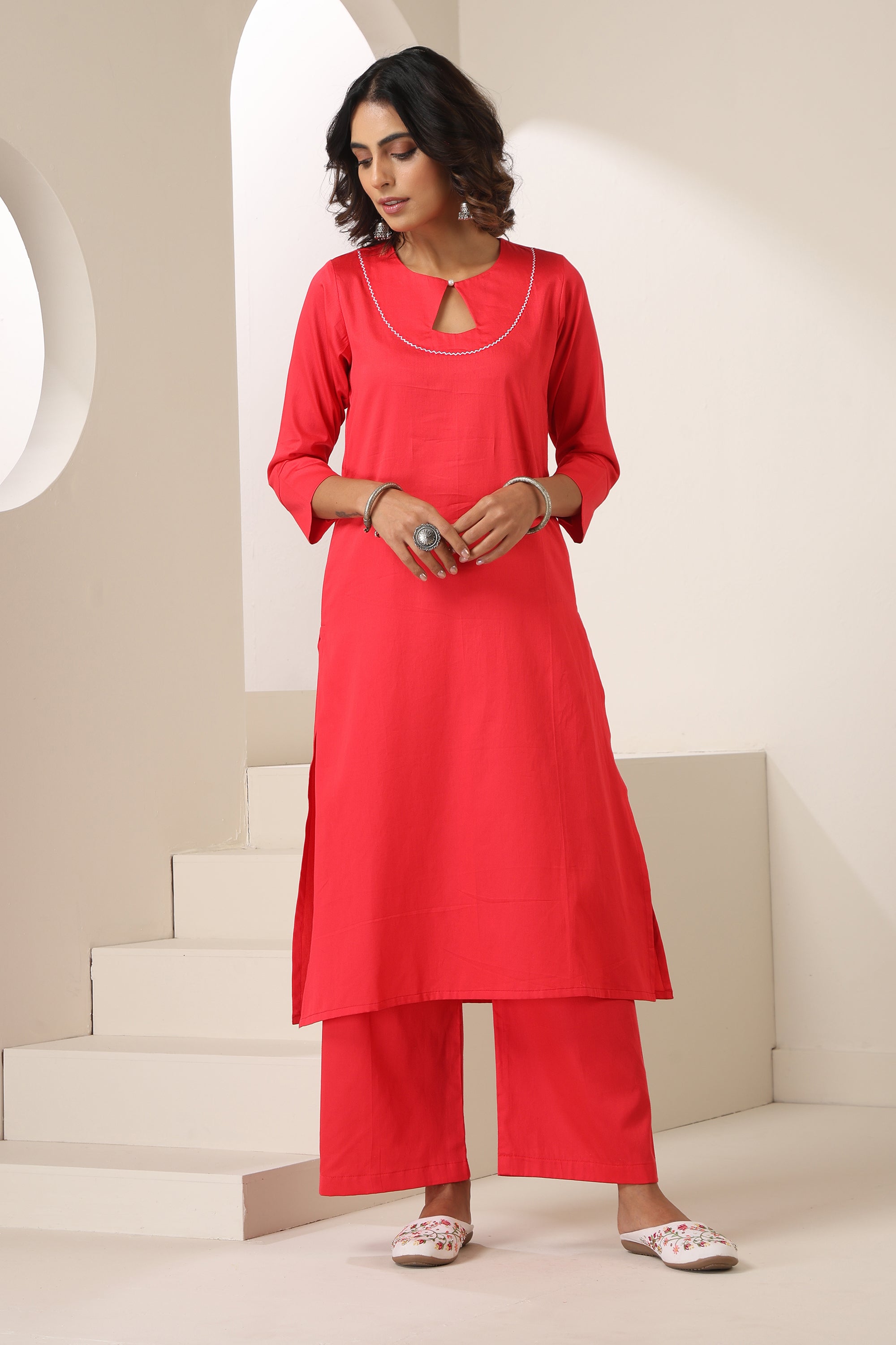 Mrisha Coral Pink Embroidered Kurta Set